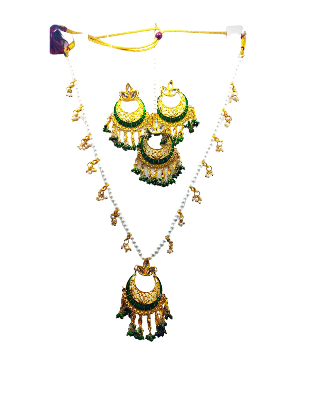 

Kshitij Jewels Gold-Plated White & Green Stone-Studded & Pearl Beaded Jewellery Set