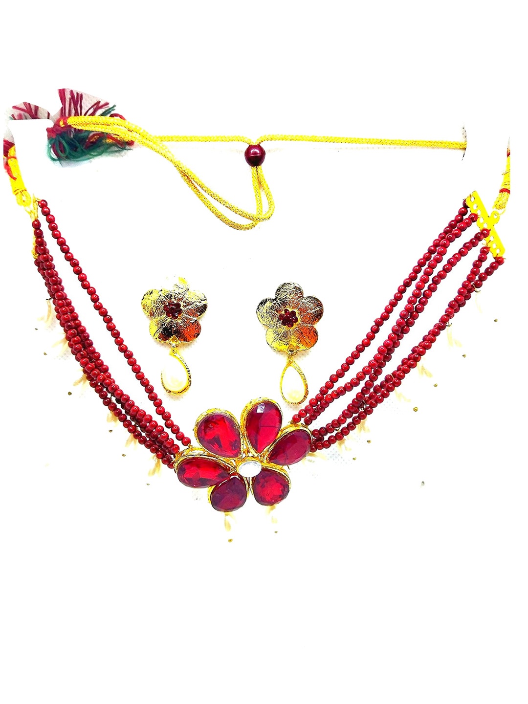 

Kshitij Jewels Gold-Plated Red Stone -Studded & Pearl Beaded Jewellery Set