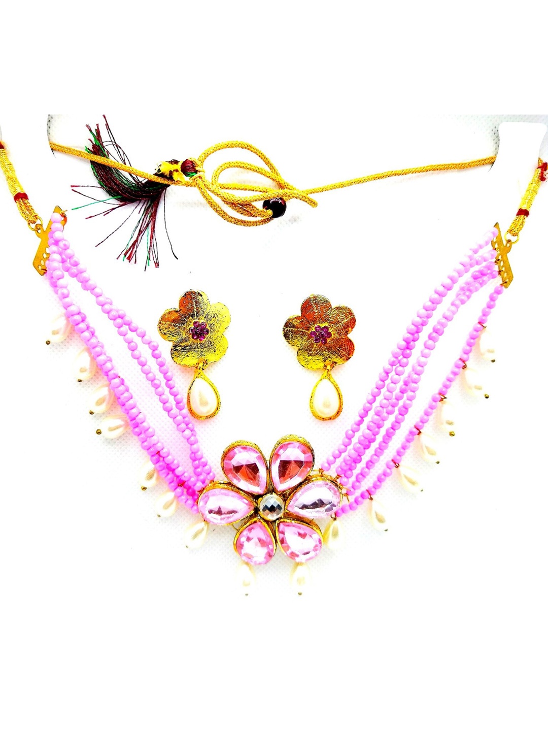 

Kshitij Jewels Gold-Plated White & Pink Stone-Studded & Pearl Beaded Jewellery Set