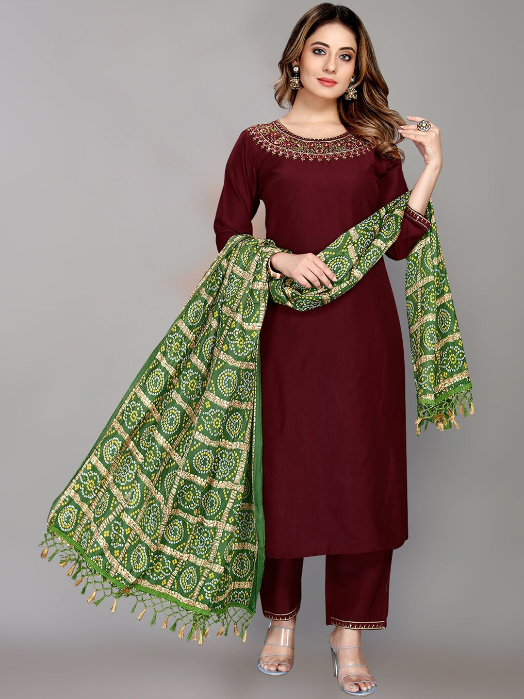 

Mclothings Women Maroon Kurta with Trousers & With Dupatta