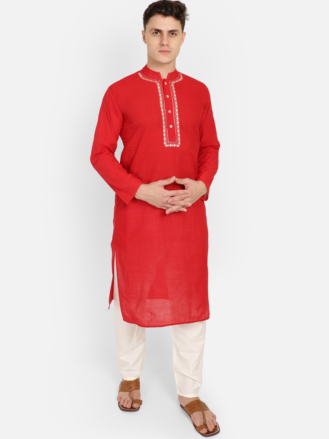 

PAROKSH Men Red Thread Work Grandeur & Majestic Artwork Khadi Handloom Kurta