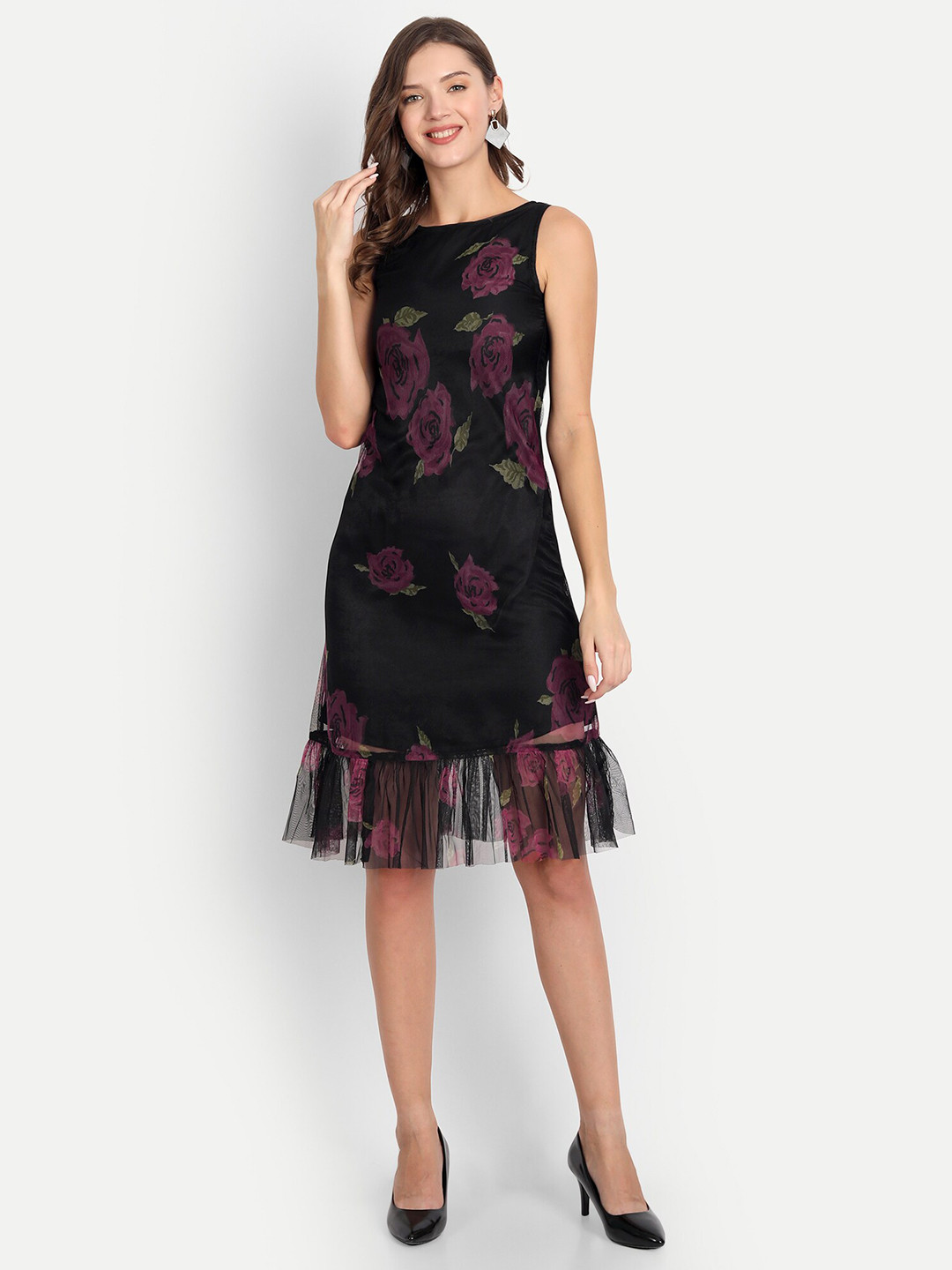 

D 'VESH Black Floral Net A-Line Dress