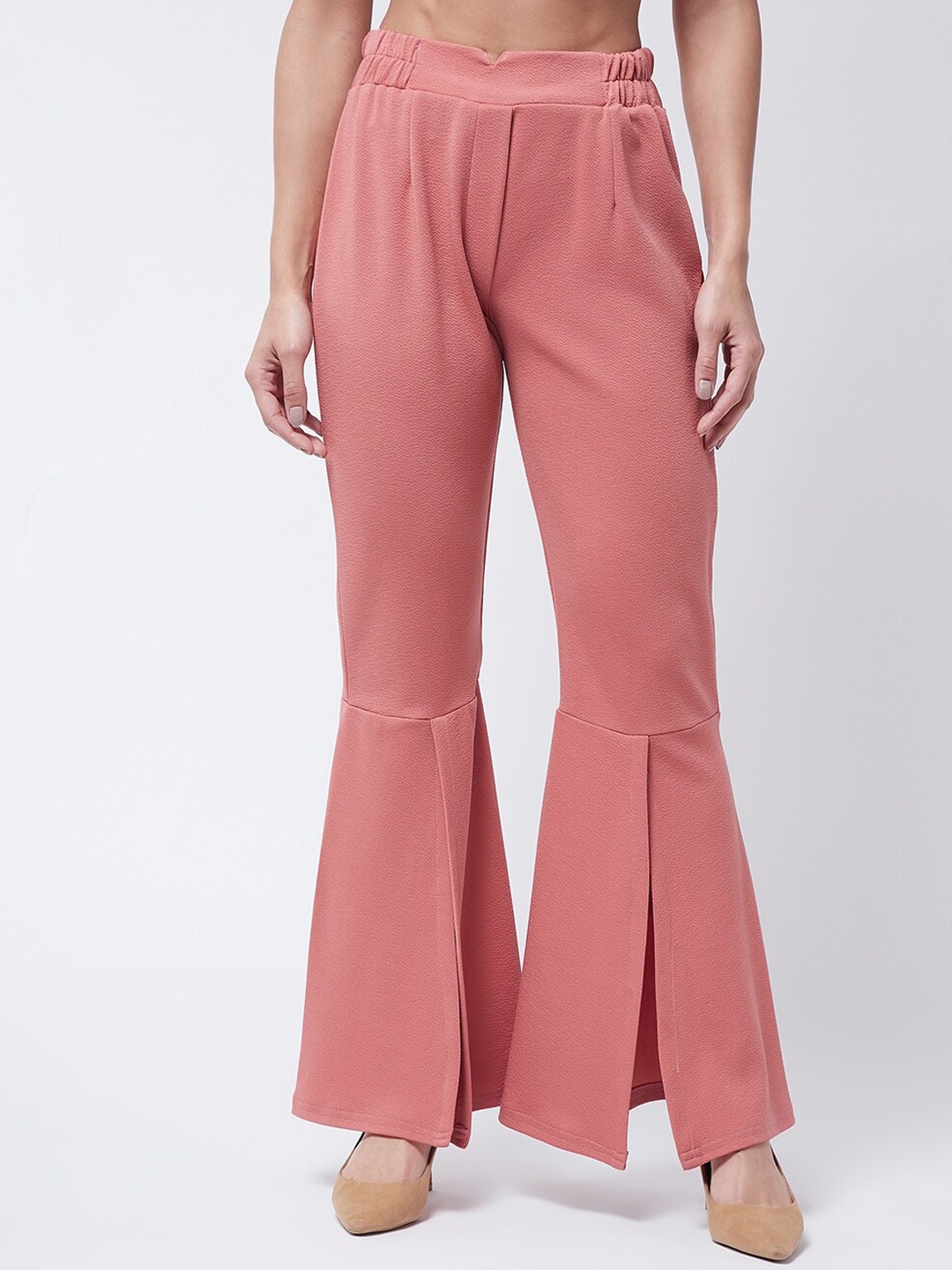 

Purple Feather Women Peach-Coloured Relaxed Flared High-Rise Trousers