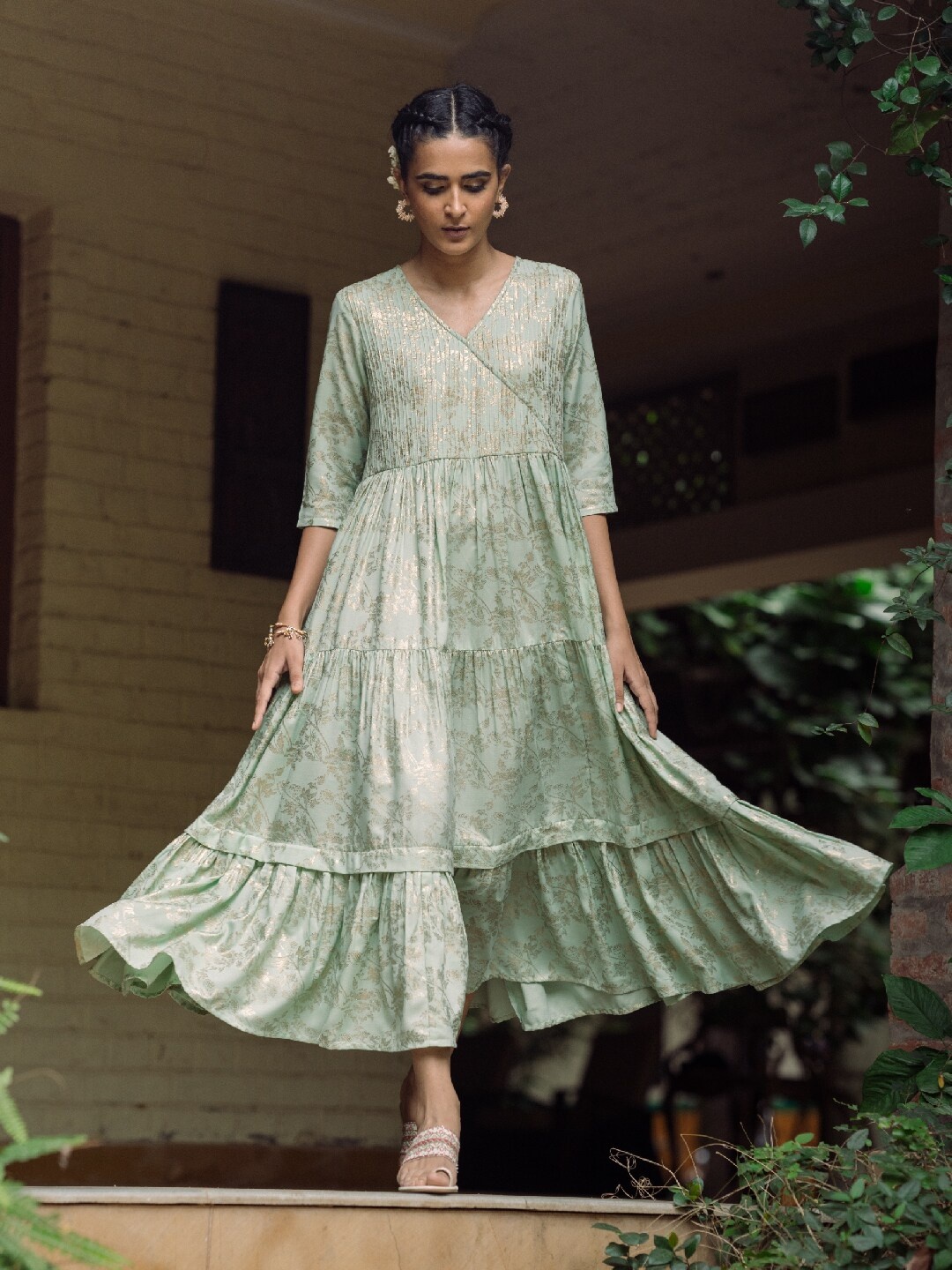 

W Green Ethnic Motifs Ethnic A-Line Maxi Dress