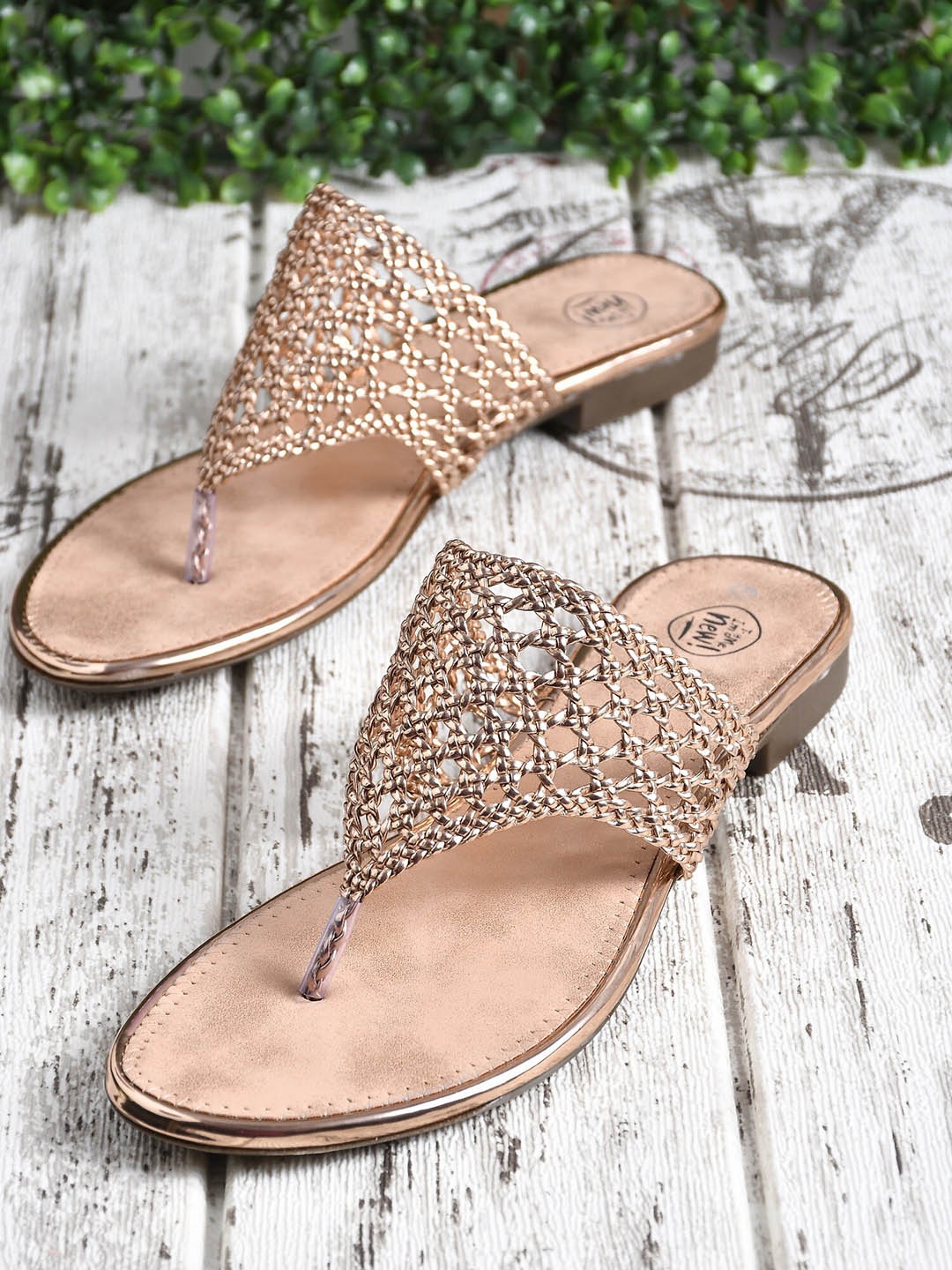 

Try Me Women Gold-Toned Ethnic Open Toe Flats