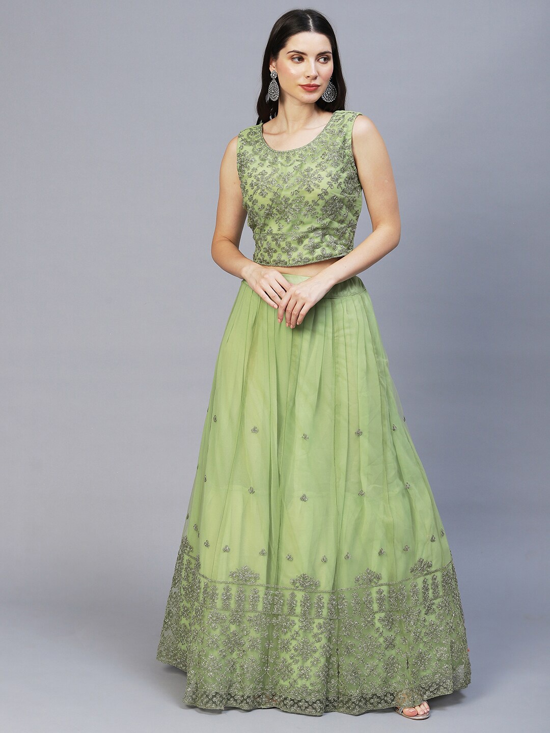 

RedRound Green & Grey Embroidered Thread Work Semi-Stitched Lehenga & Unstitched Blouse With Dupatta