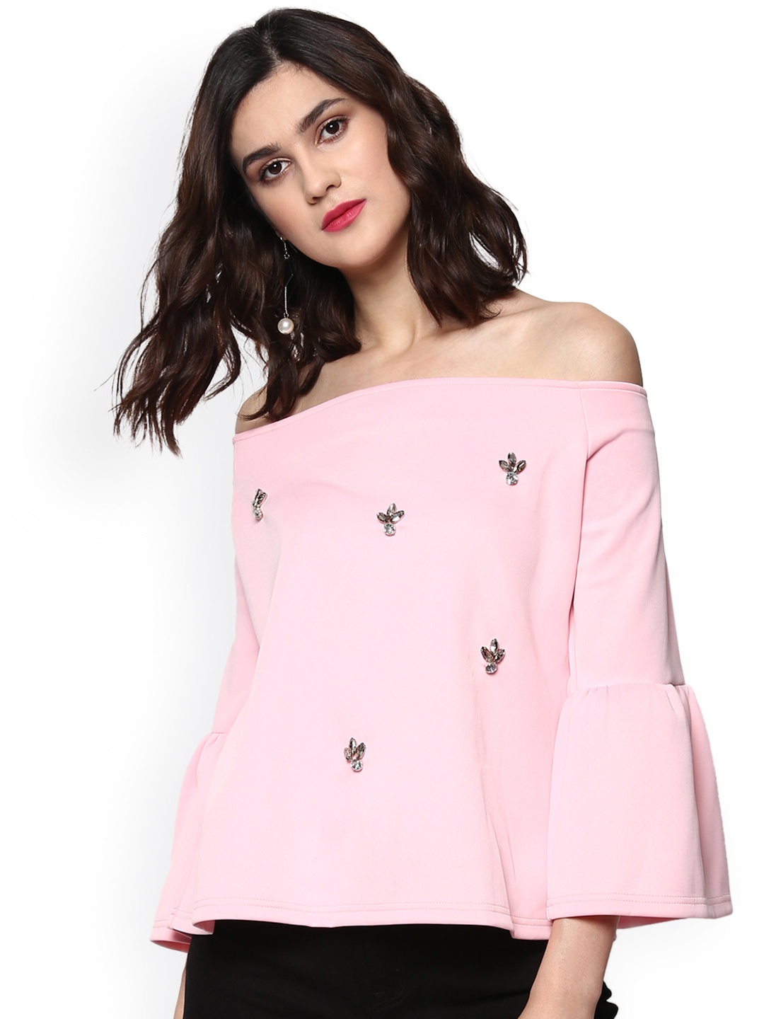 

SASSAFRAS Women Pink Embellished Bardot Top