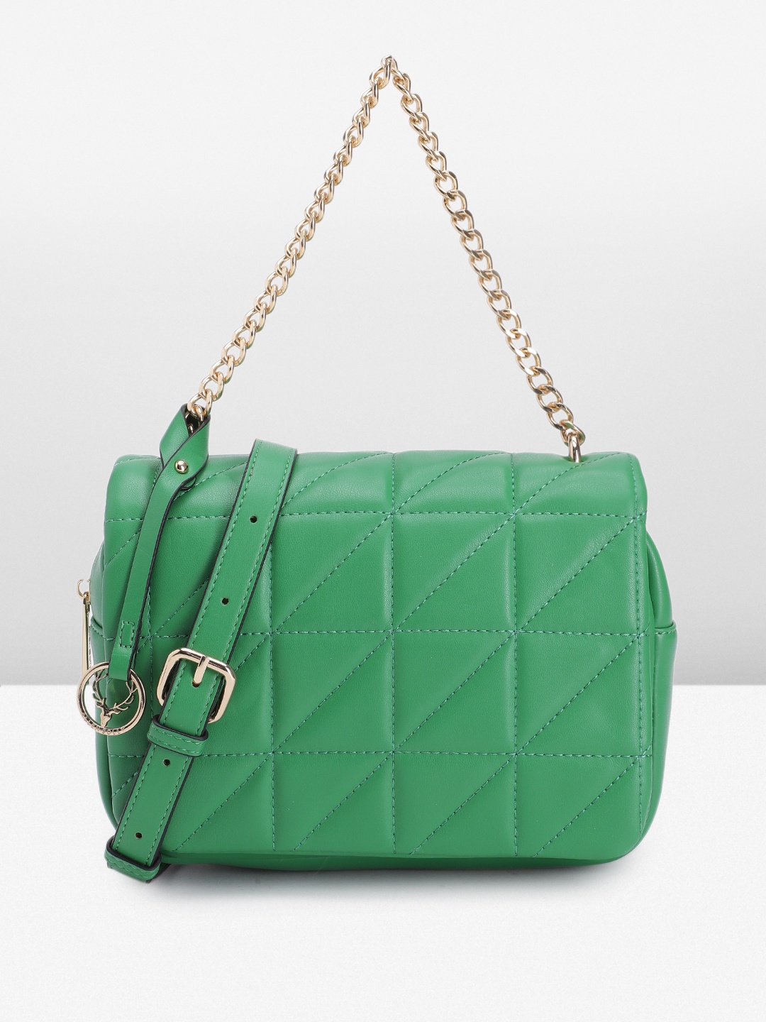 

Allen Solly Solid PU Structured Satchel with Quilted & Brand Logo Tasselled Detail, Green