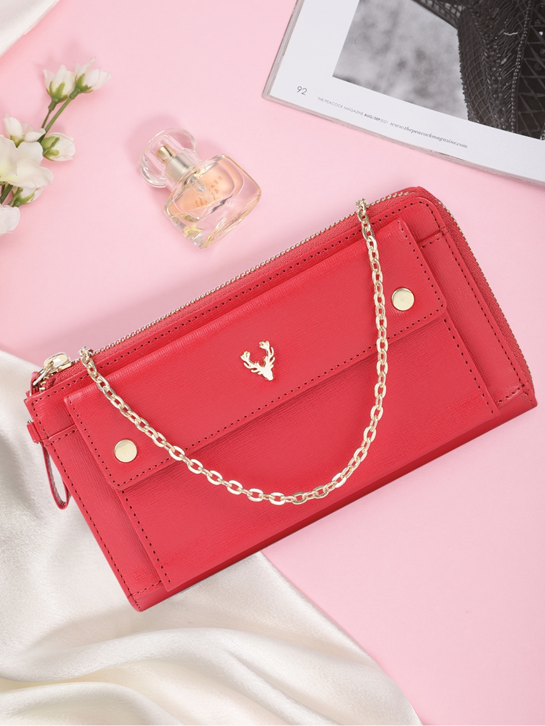 

Allen Solly Women Solid PU Zip Around Wallet With Sling Strap, Red