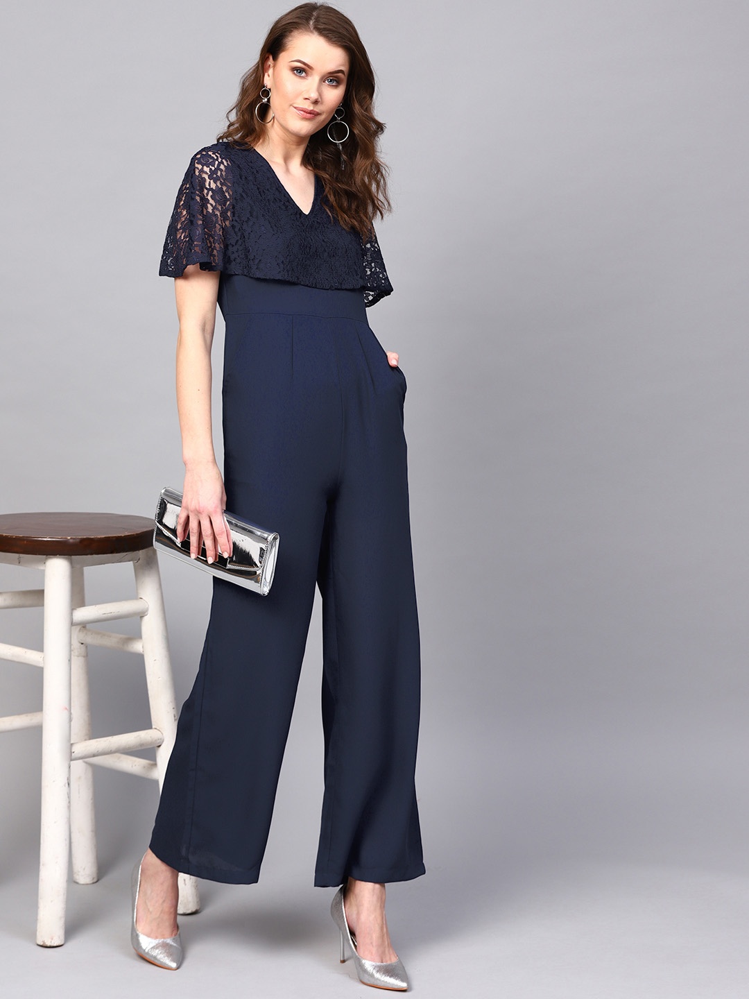 

SASSAFRAS Navy Blue Solid Basic Jumpsuit