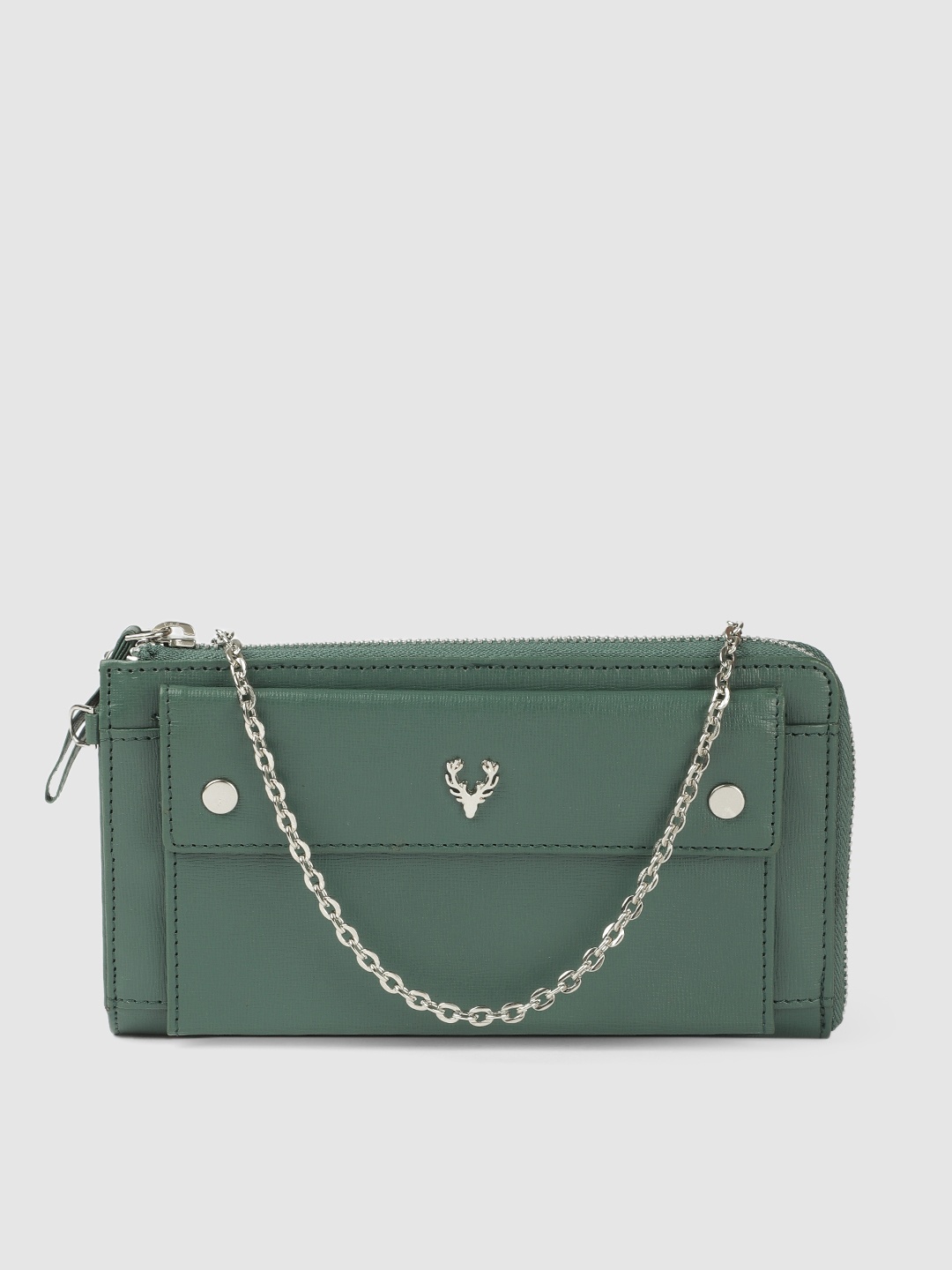 

Allen Solly Women Solid PU Zip Around Wallet With Sling Strap, Green