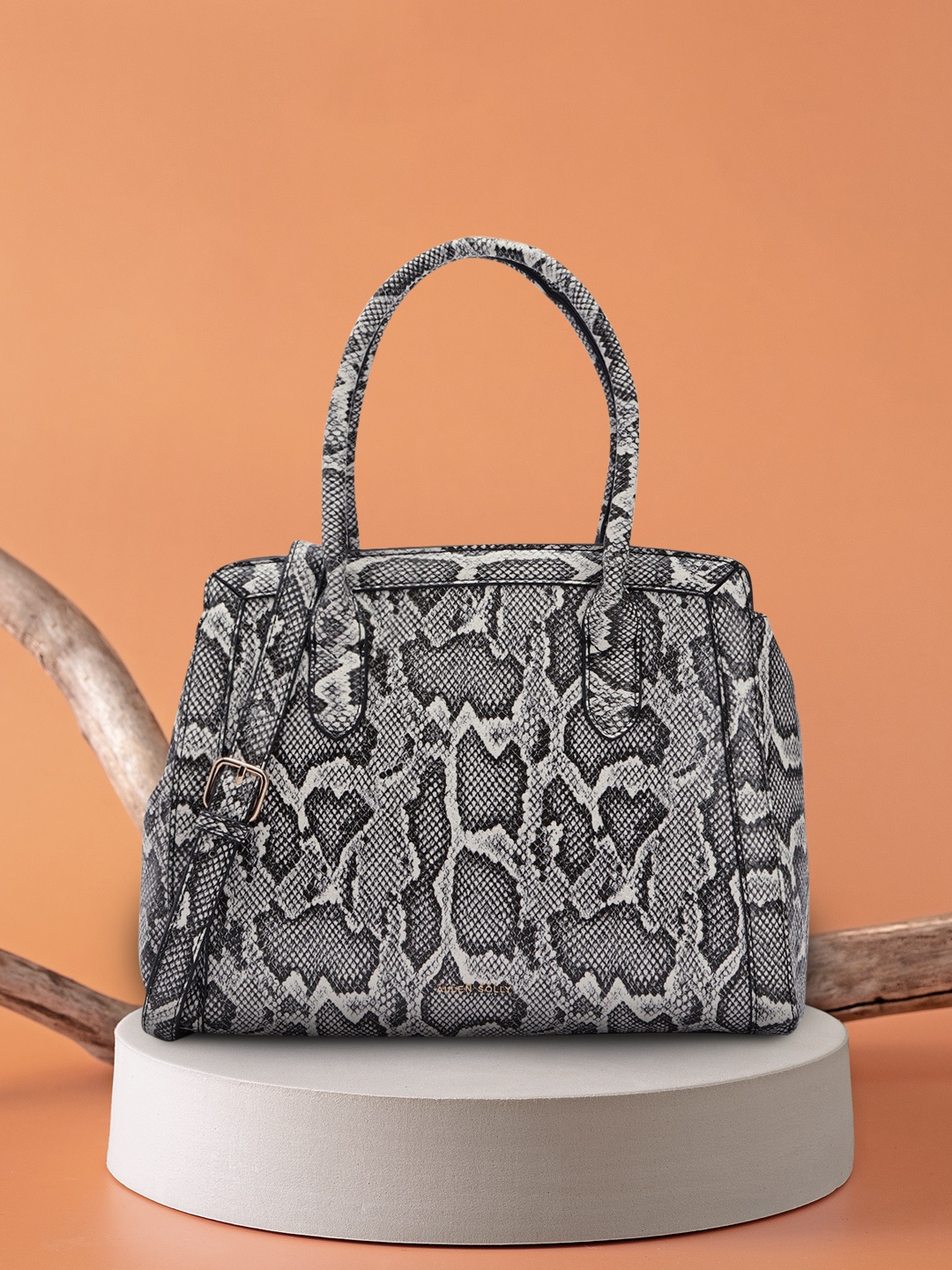 

Allen Solly Snake Print & Textured PU Structured Handheld Bag, Black