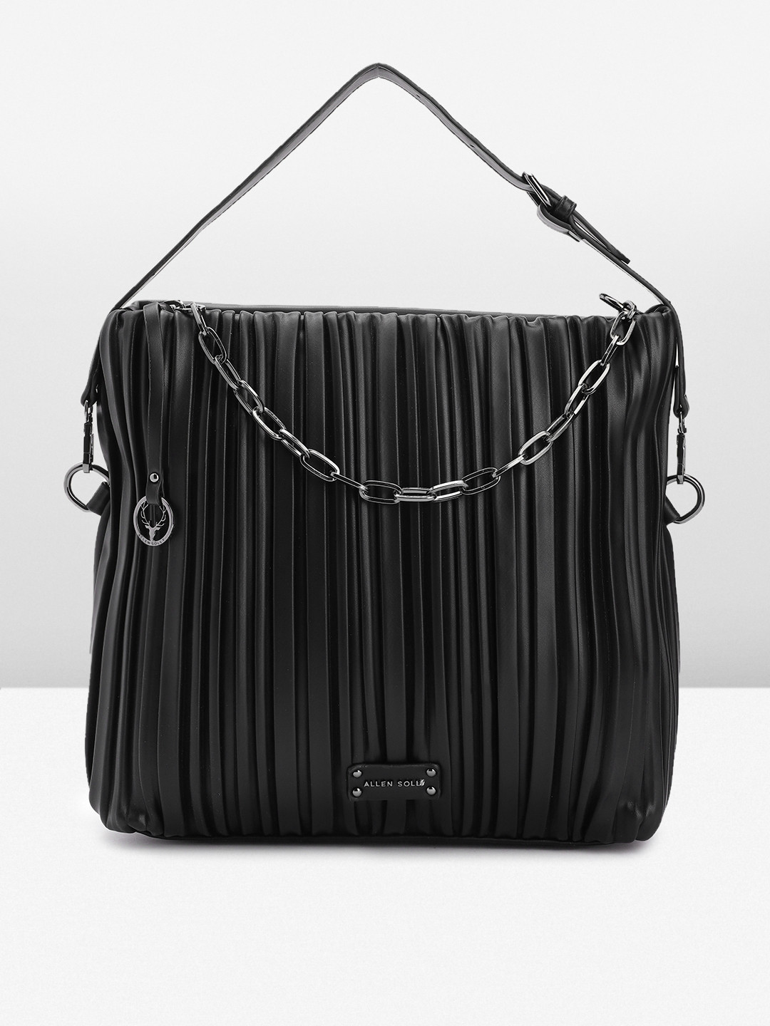 

Allen Solly Pleated Self Design Structured Shoulder Bag with Brand Logo Tasselled Detail, Black