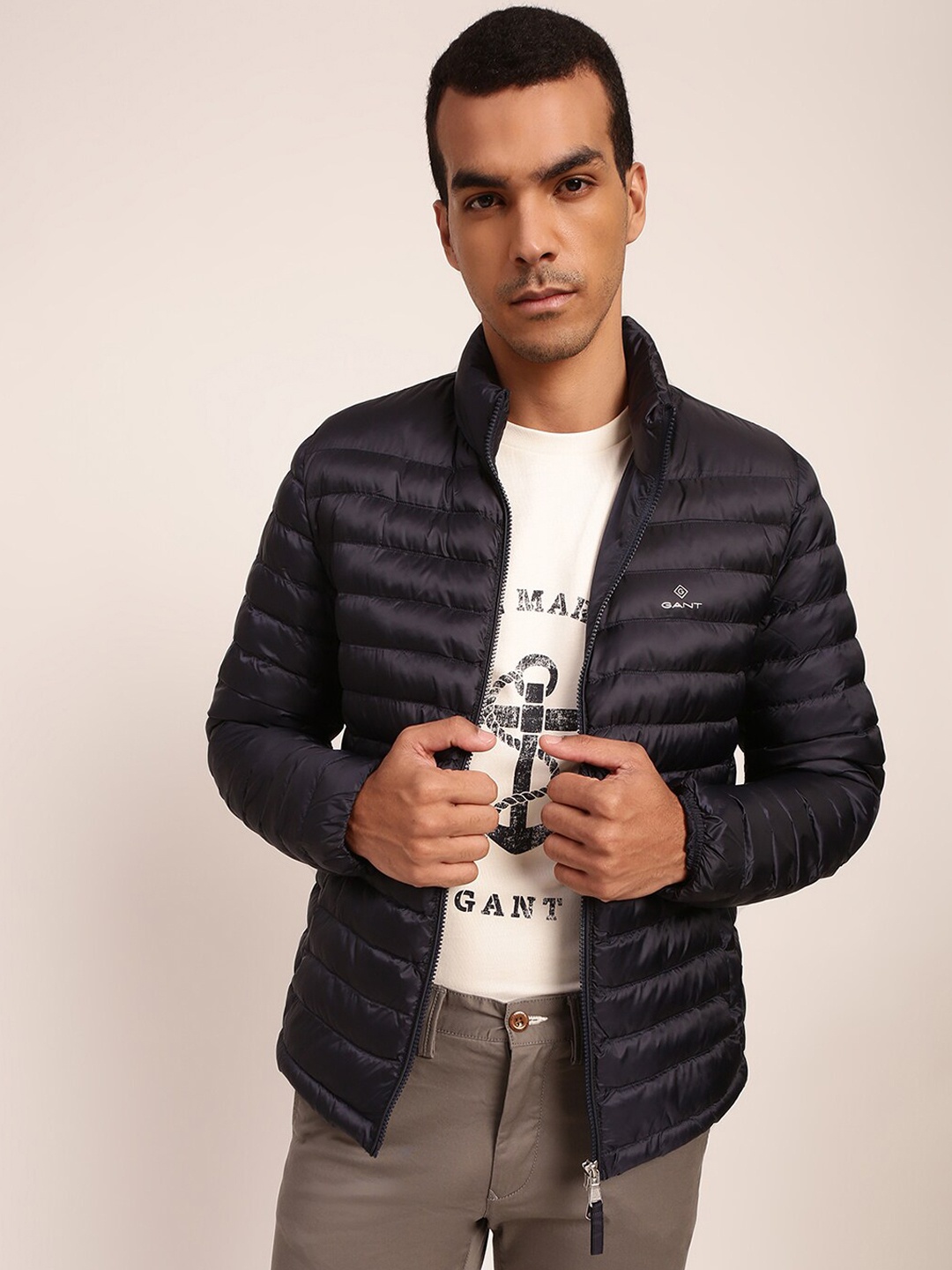 

GANT Men Navy Blue Camouflage Striped Water Resistant Longline Puffer Jacket