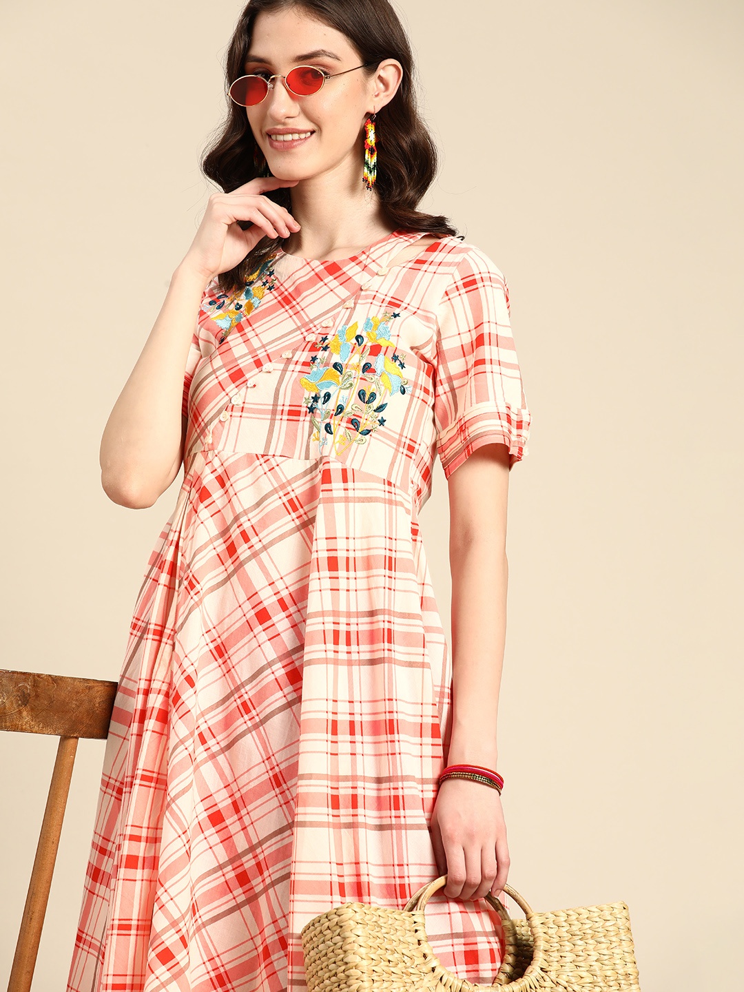 

Sangria Women Pink Checked Cotton Kurta
