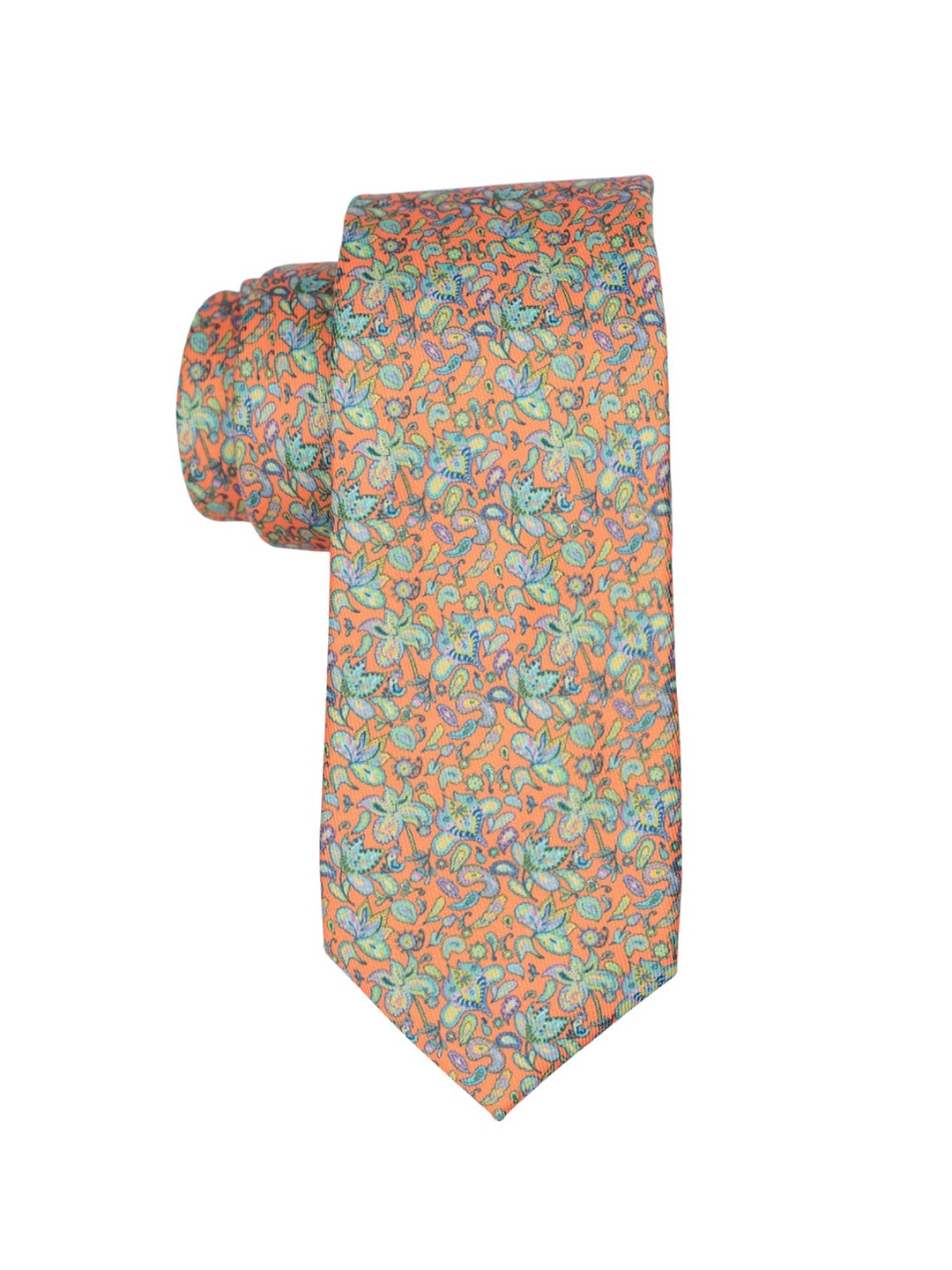 

The Tie Hub Men Orange & Green Floral Printed Hermes Organe Necktie