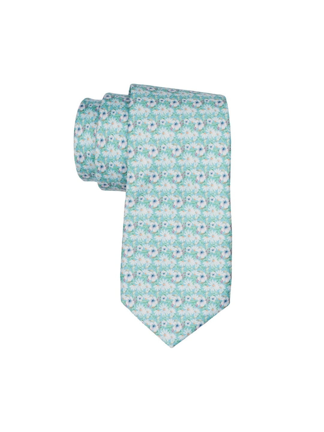 

The Tie Hub Men Green & Off White Floral Printed Silk Necktie