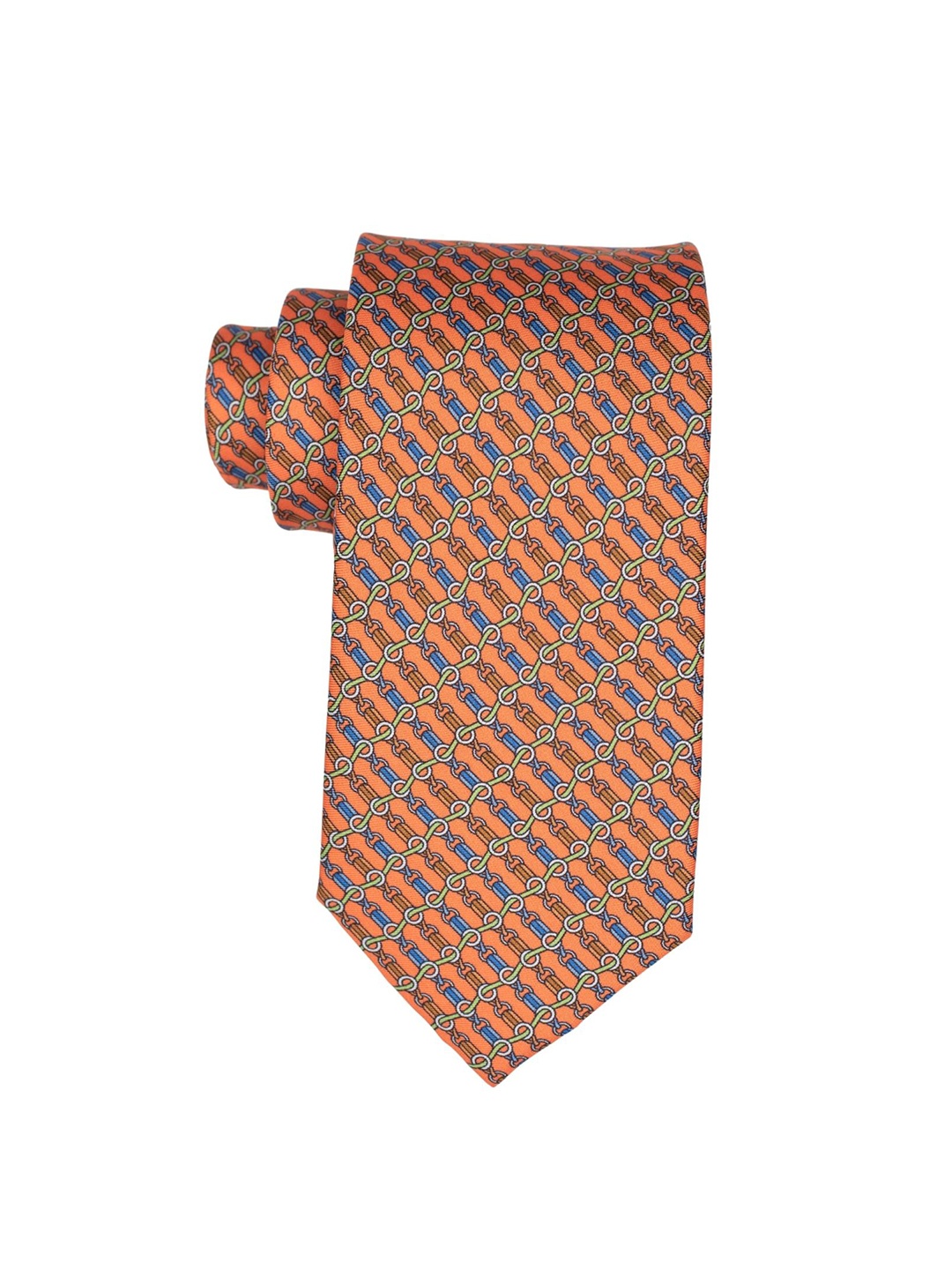 

The Tie Hub Men Orange & Blue Printed Italian Como Silk Broad Tie