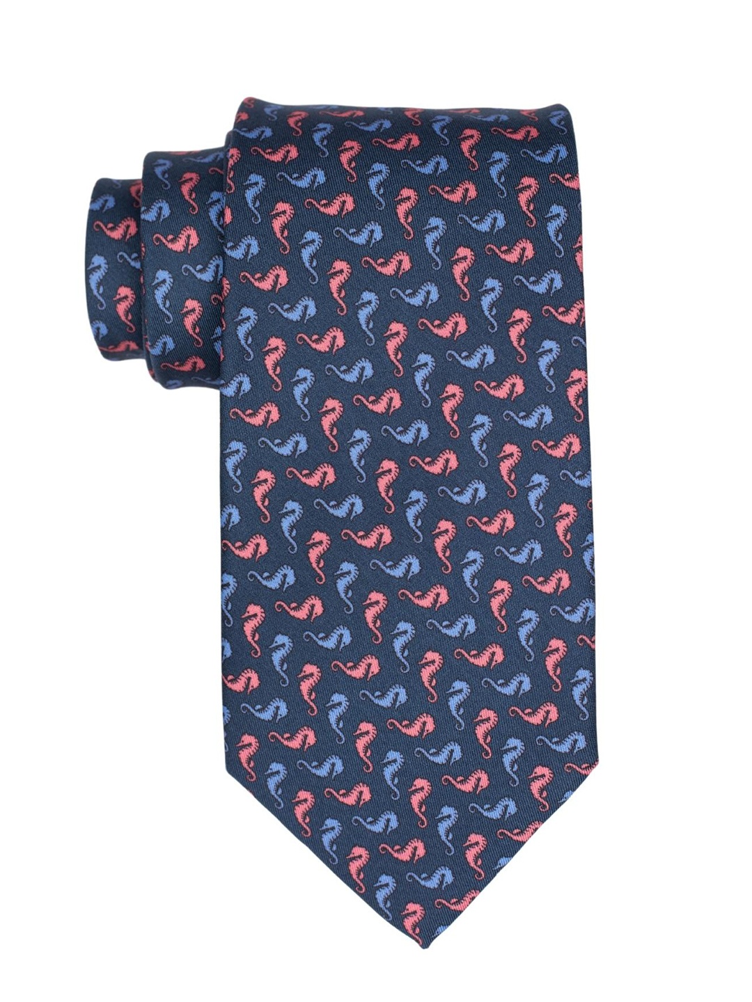 

The Tie Hub Men Italian Como Silk Blue & Peach-Coloured Seahorse Print Necktie