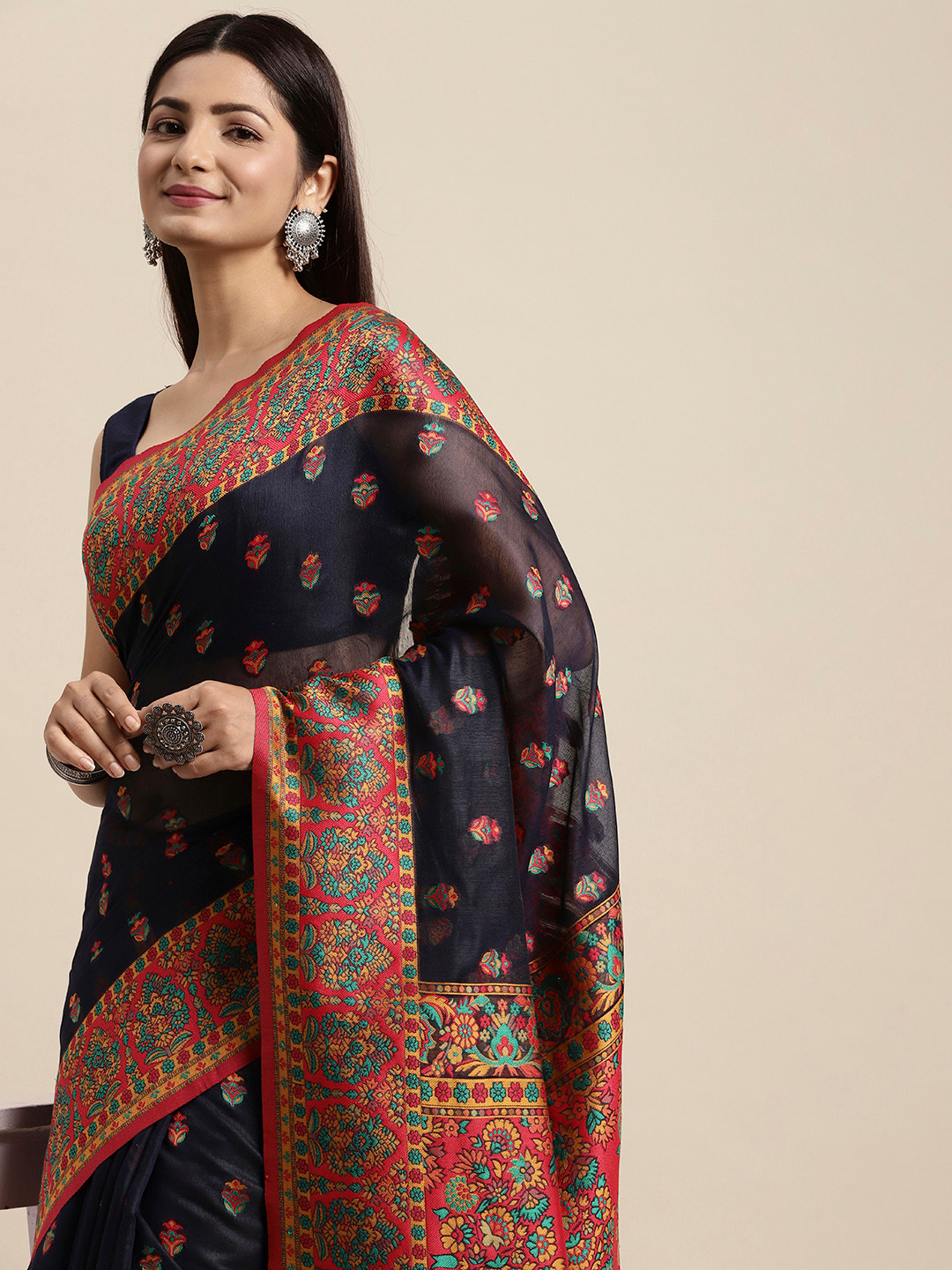 

AYKA CLOTHINGS Navy Blue Floral Pure Cotton Patola Saree