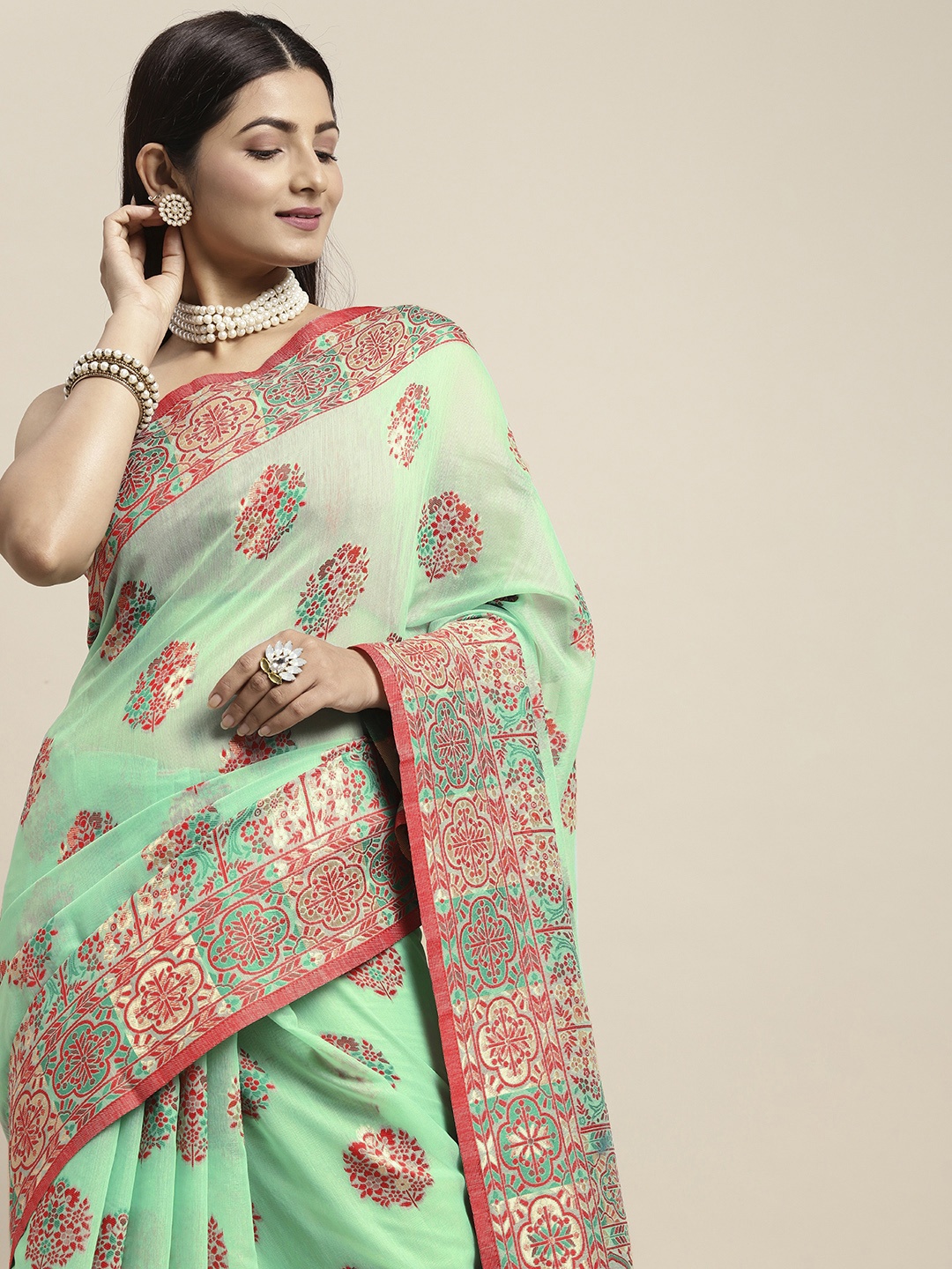

AYKA CLOTHINGS Turquoise Blue Floral Pure Cotton Patola Saree