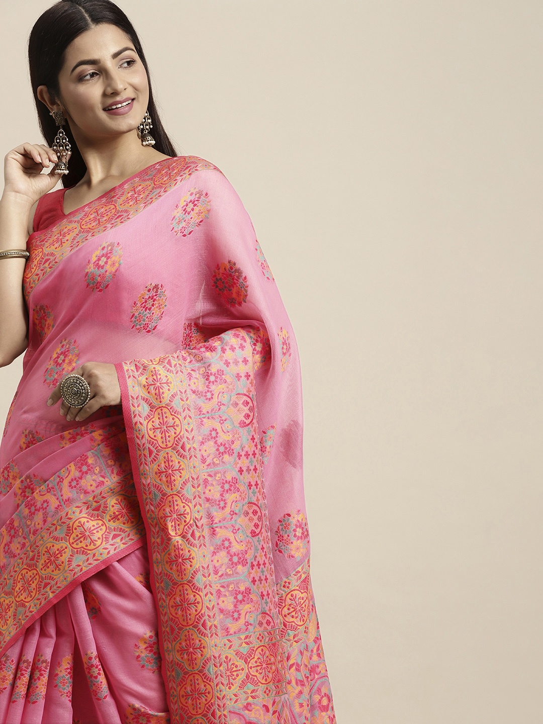 

AYKA CLOTHINGS Pink Floral Pure Cotton Patola Saree