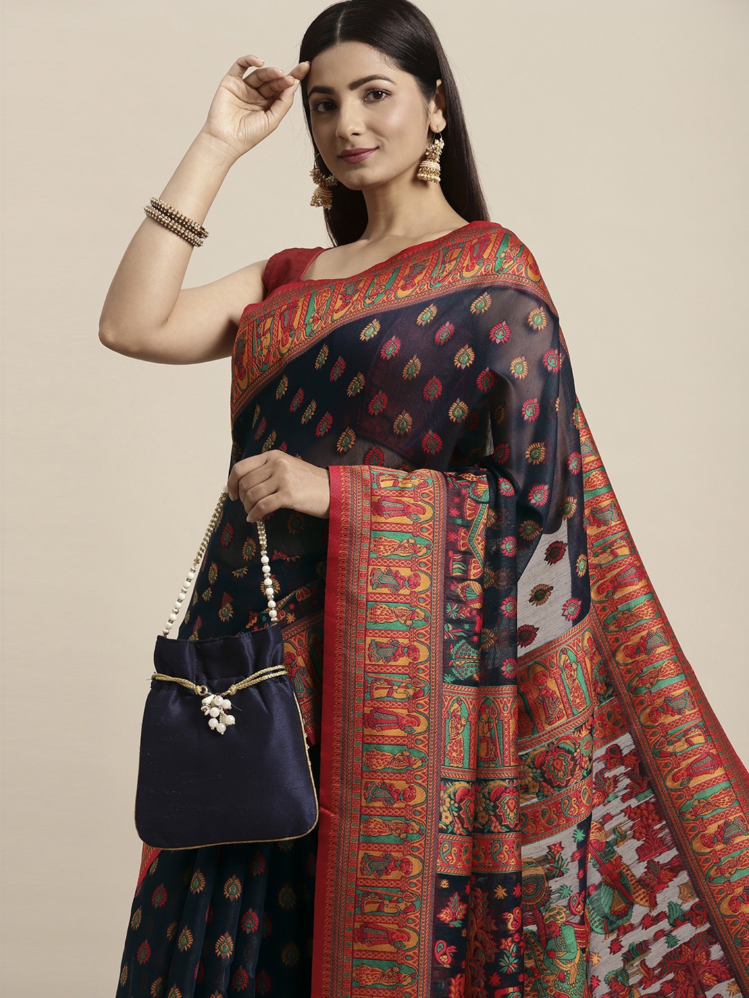 

AYKA CLOTHINGS Navy Blue Ethnic Motifs Pure Cotton Patola Saree