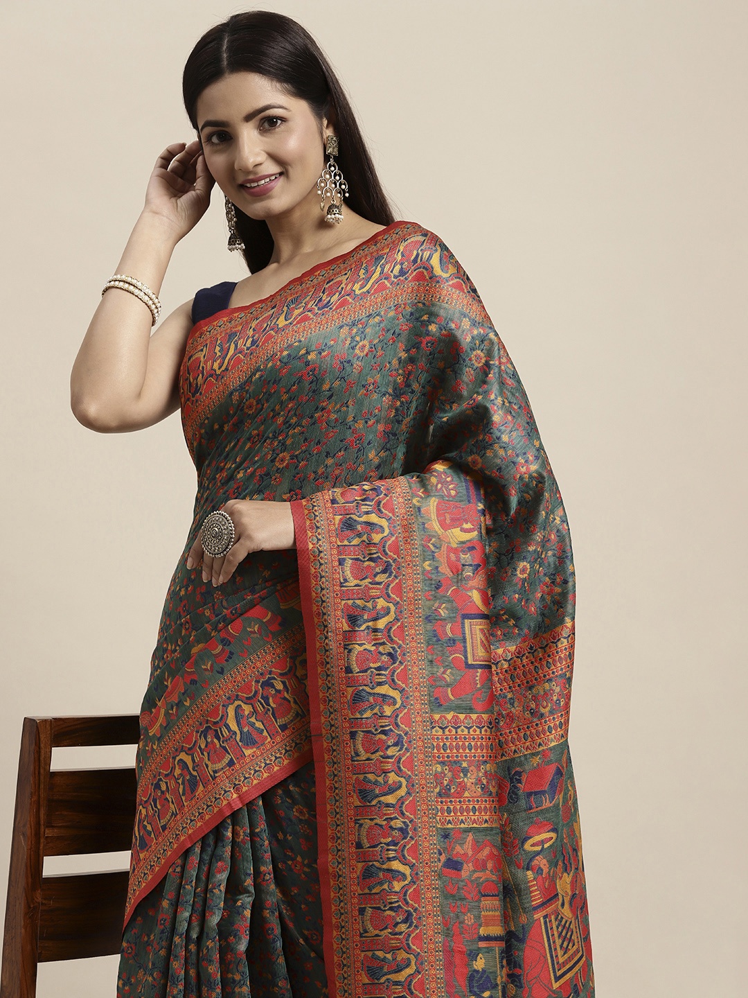 

AYKA CLOTHINGS Turquoise Blue Ethnic Motifs Pure Cotton Patola Saree