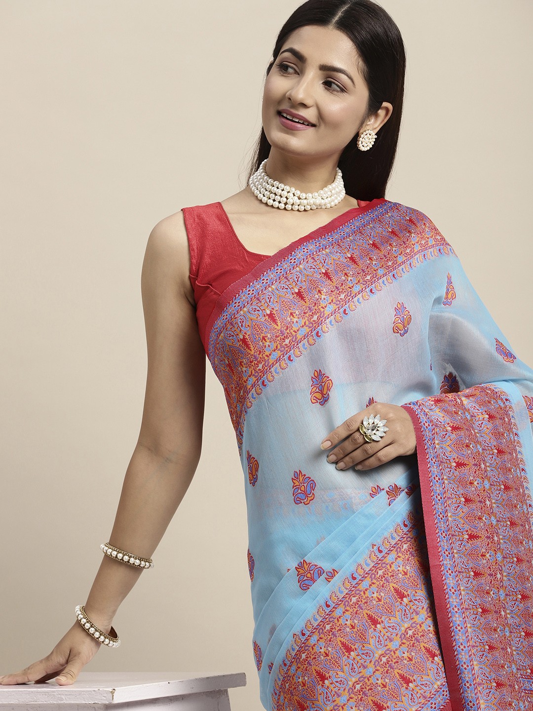 

AYKA CLOTHINGS Turquoise Blue Floral Phulkari Pure Cotton Patola Saree