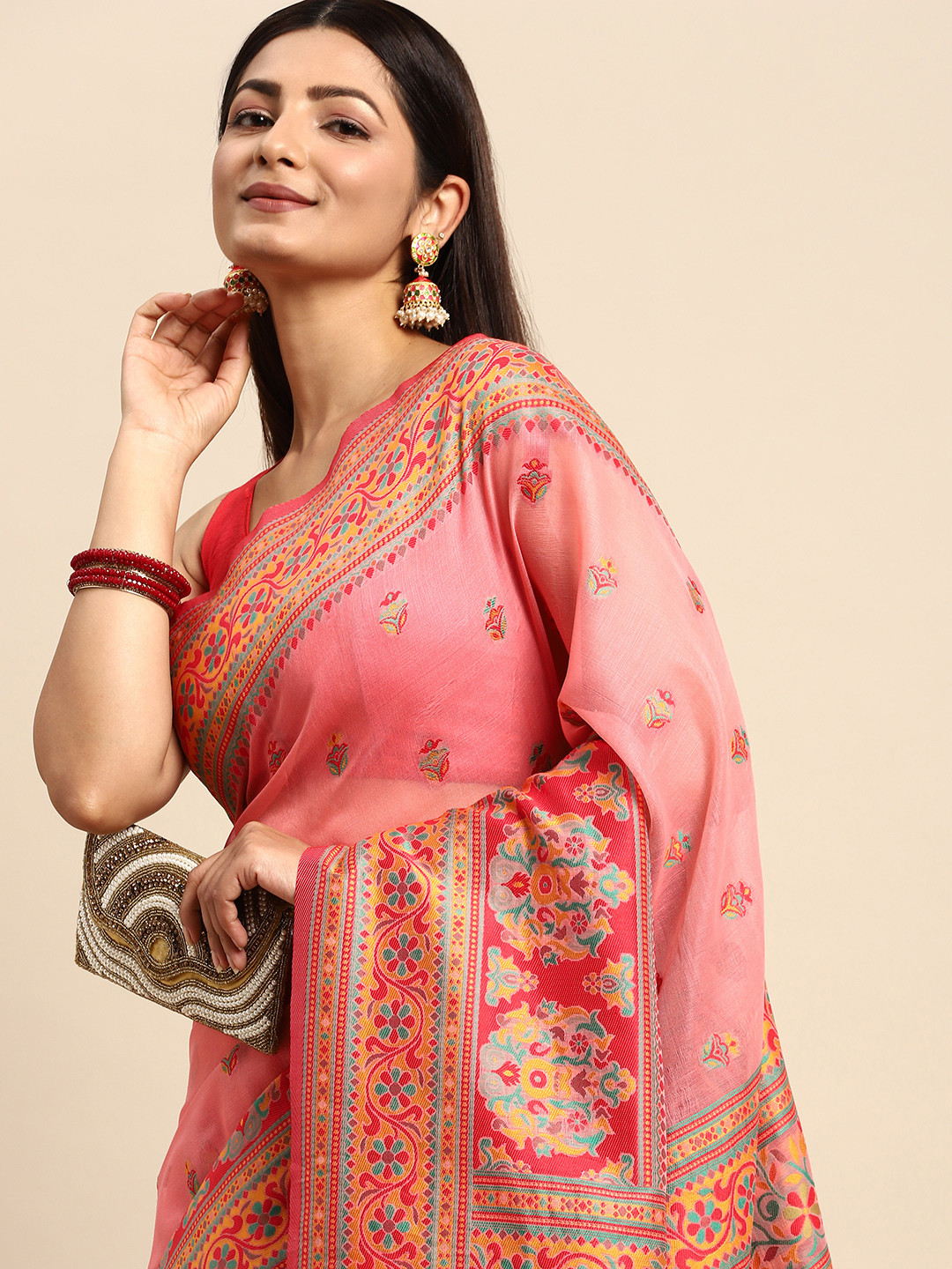 

AYKA CLOTHINGS Peach-Coloured & Red Ethnic Motifs Phulkari Pure Cotton Patola Saree