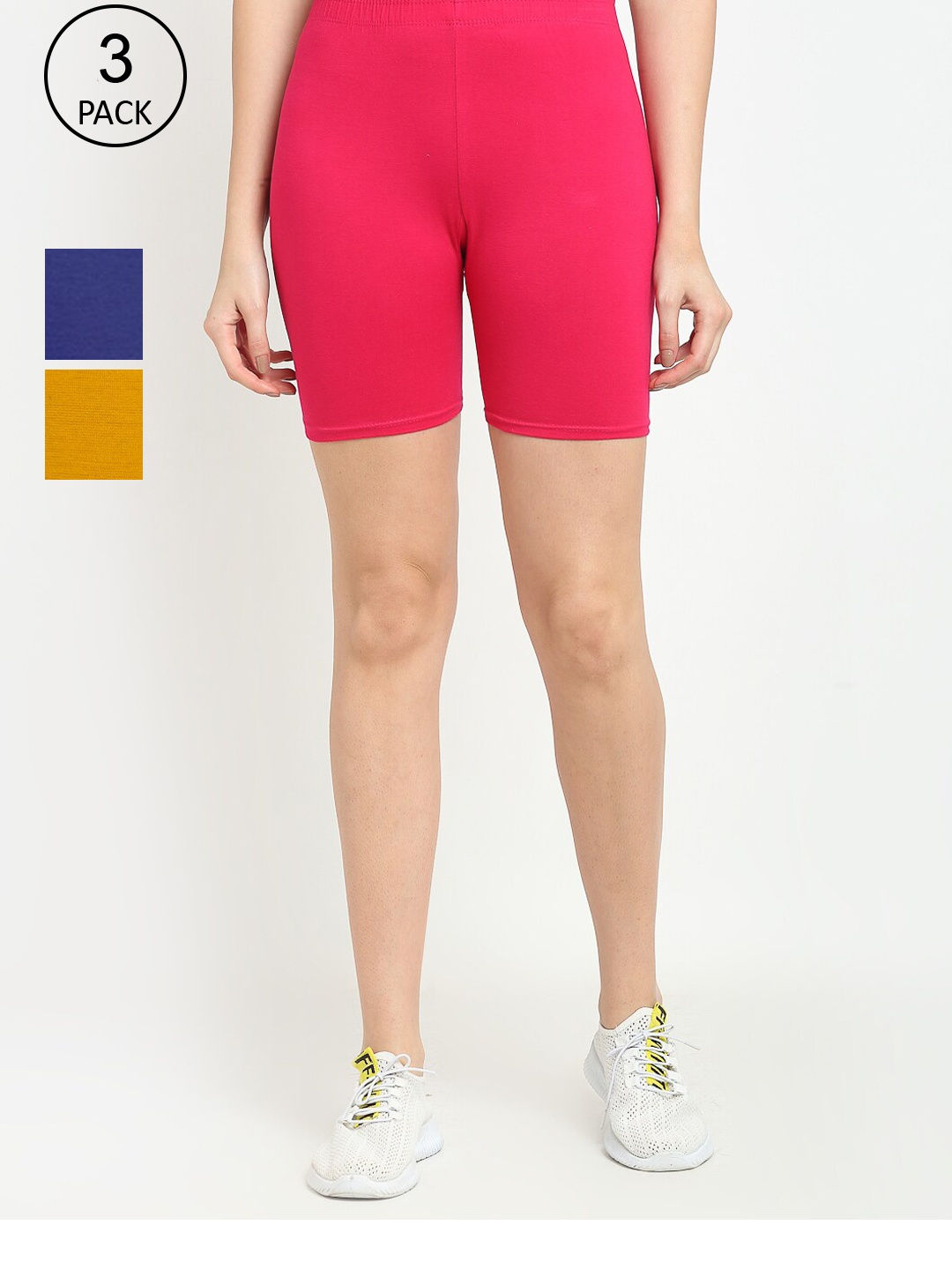 GRACIT Women Pack Of 3 Blue Pink & Mustard Yellow Cycling Sports Shorts