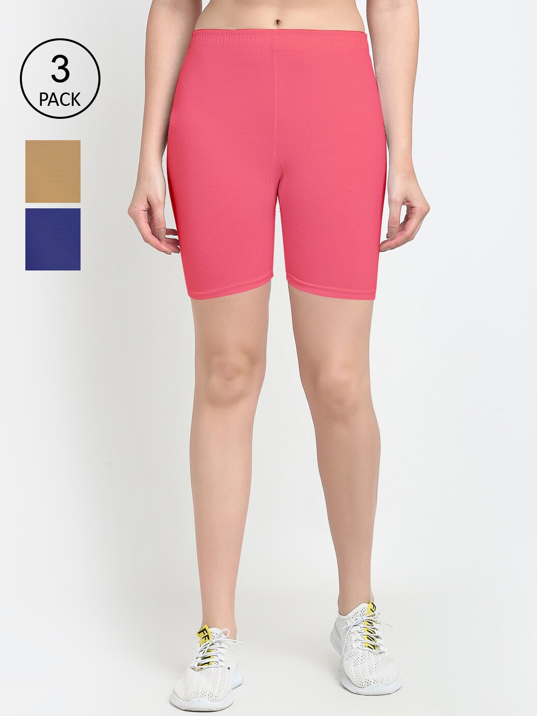GRACIT Women Pack Of 3 Solid Cotton Slim Fit Cycling Shorts, Pink