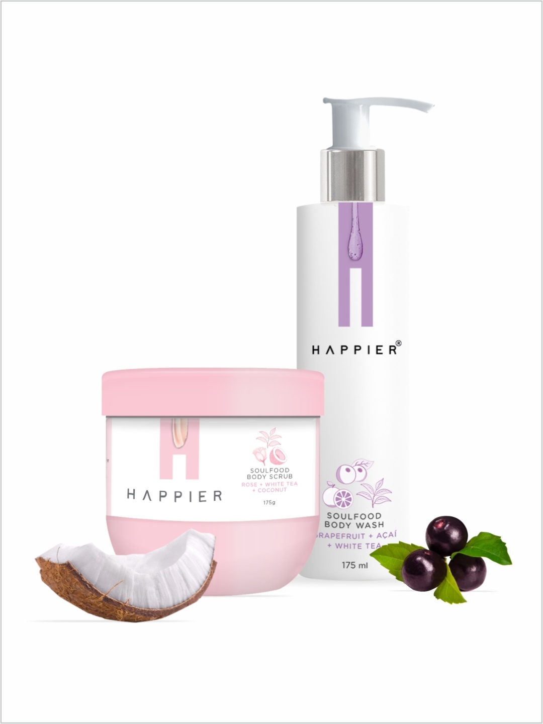 

Happier Soulfood Body Wash 175ml and Soulfood Body Scrub175g, Pink