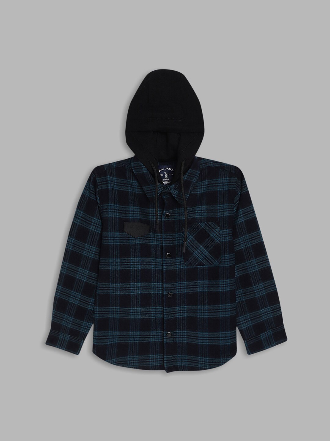 

Blue Giraffe Boys Blue Checked Hooded Casual Shirt