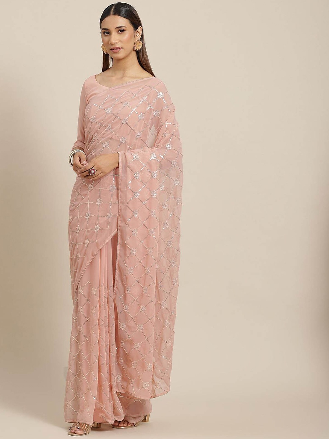 

ODETTE Peach-Coloured Embellished Embroidered Saree