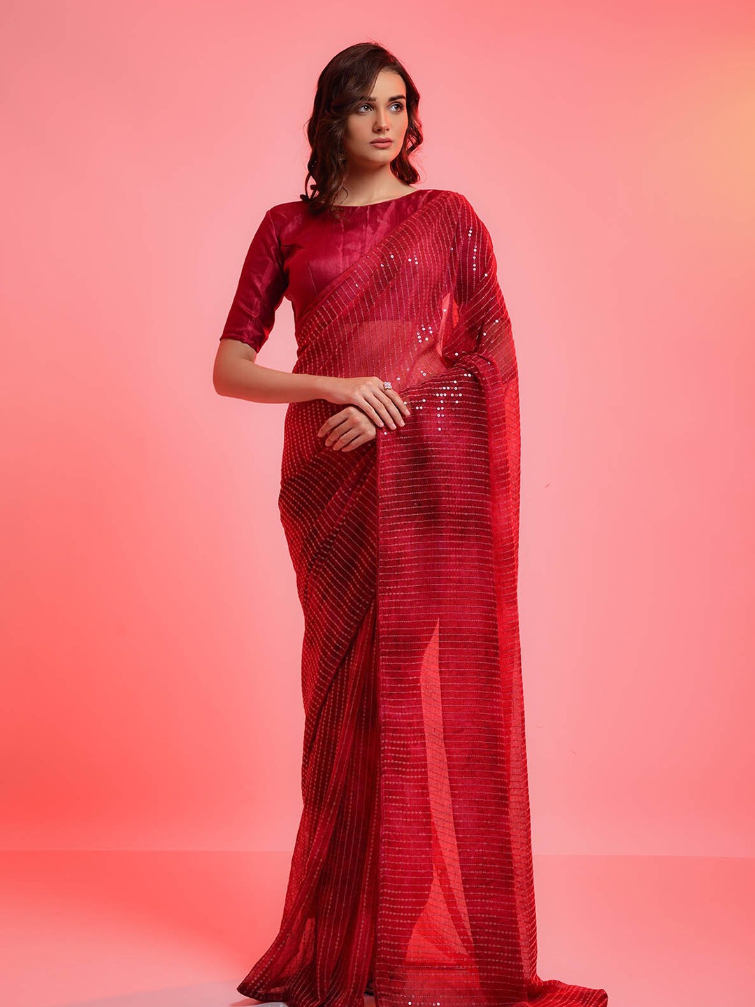 

ODETTE Red & Silver-Toned Embellished Sequinned Saree