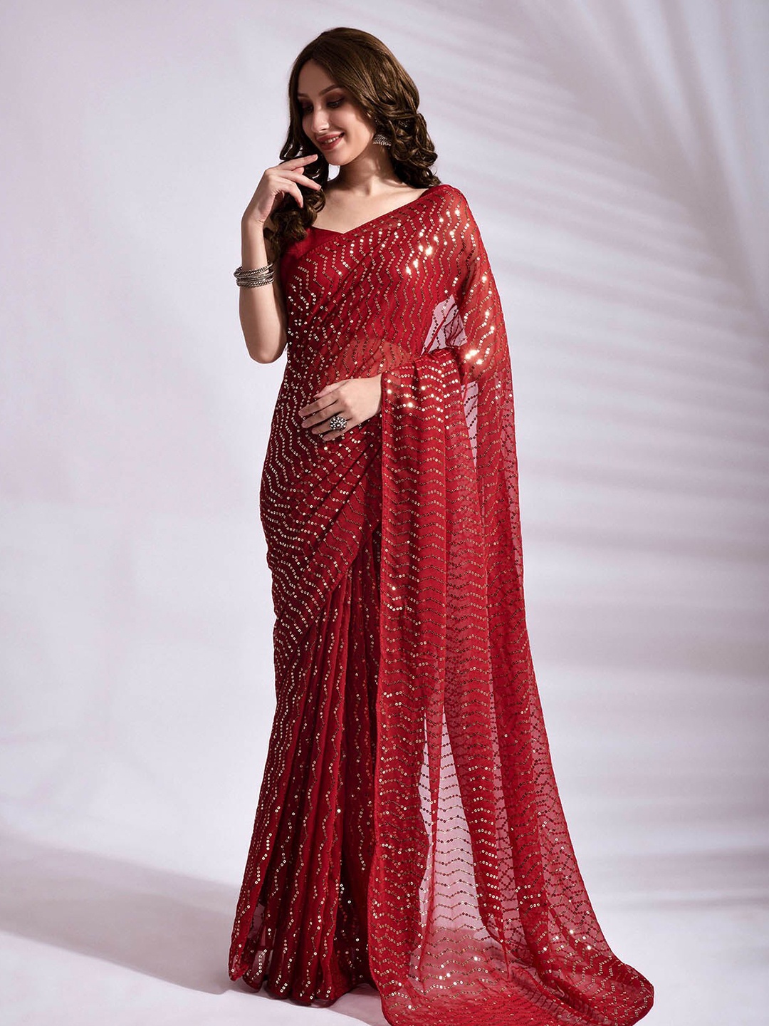 

ODETTE Red & Gold-Toned Embellished Embroidered Saree