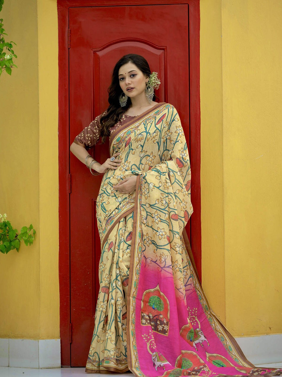 

ODETTE Yellow & Pink Floral Linen Blend Saree