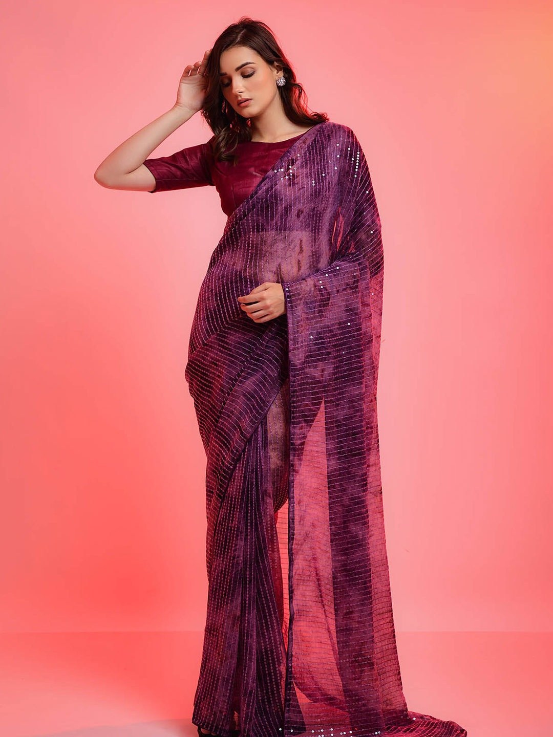 

ODETTE Violet & Silver-Toned Embellished Sequinned Saree