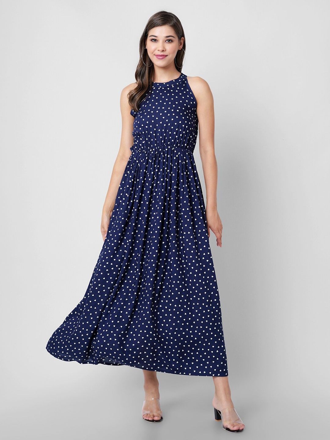 

PURSHOTTAM WALA Women Blue & White Heart Printed Halter Neck Maxi Dress