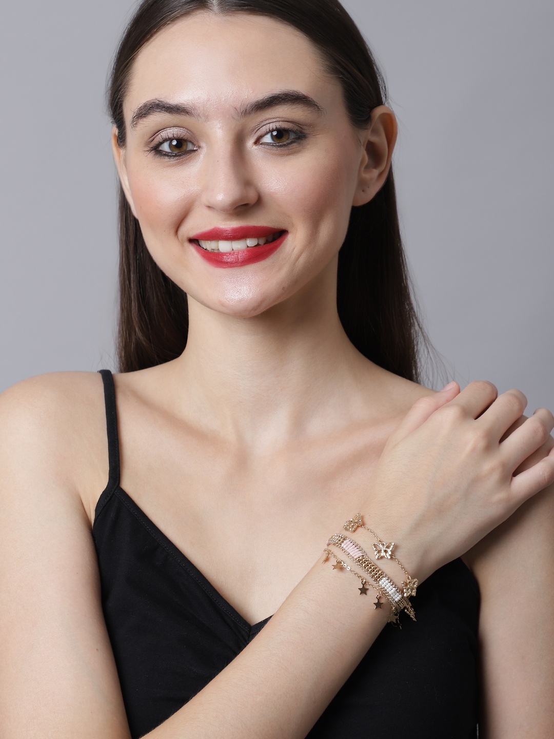 

Madame Women Pack Of 3 Rose Gold & Pink Handcrafted Rose Gold-Plated Link Bracelet
