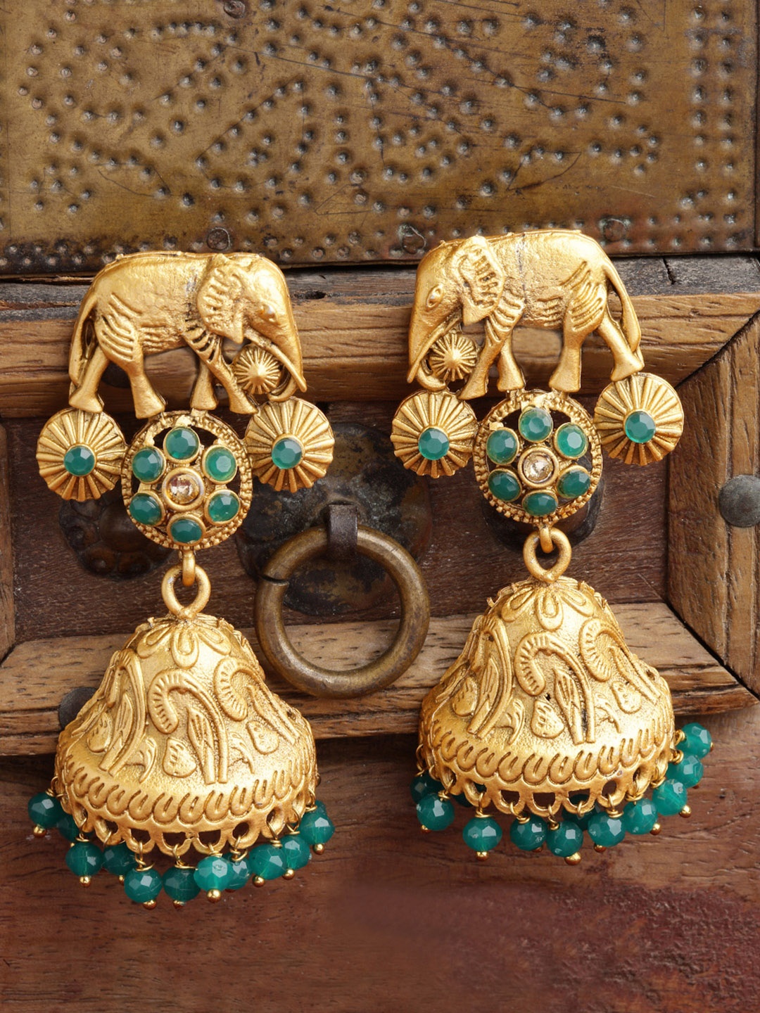 

PANASH Gold-Toned & Green Dome Shaped Jhumkas Earrings