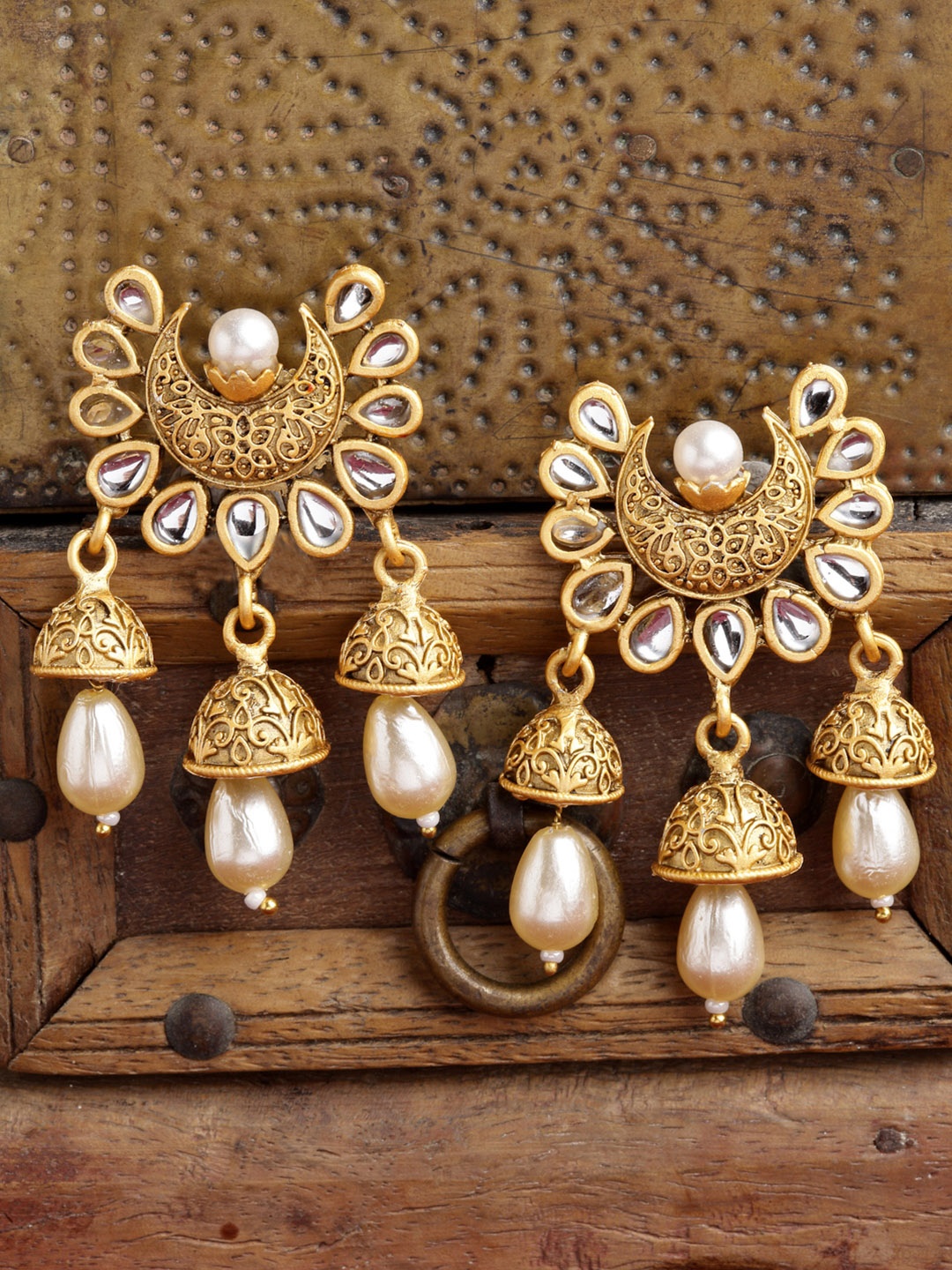 

PANASH Gold-Toned & Off White Crescent Shaped Jhumkas Earrings