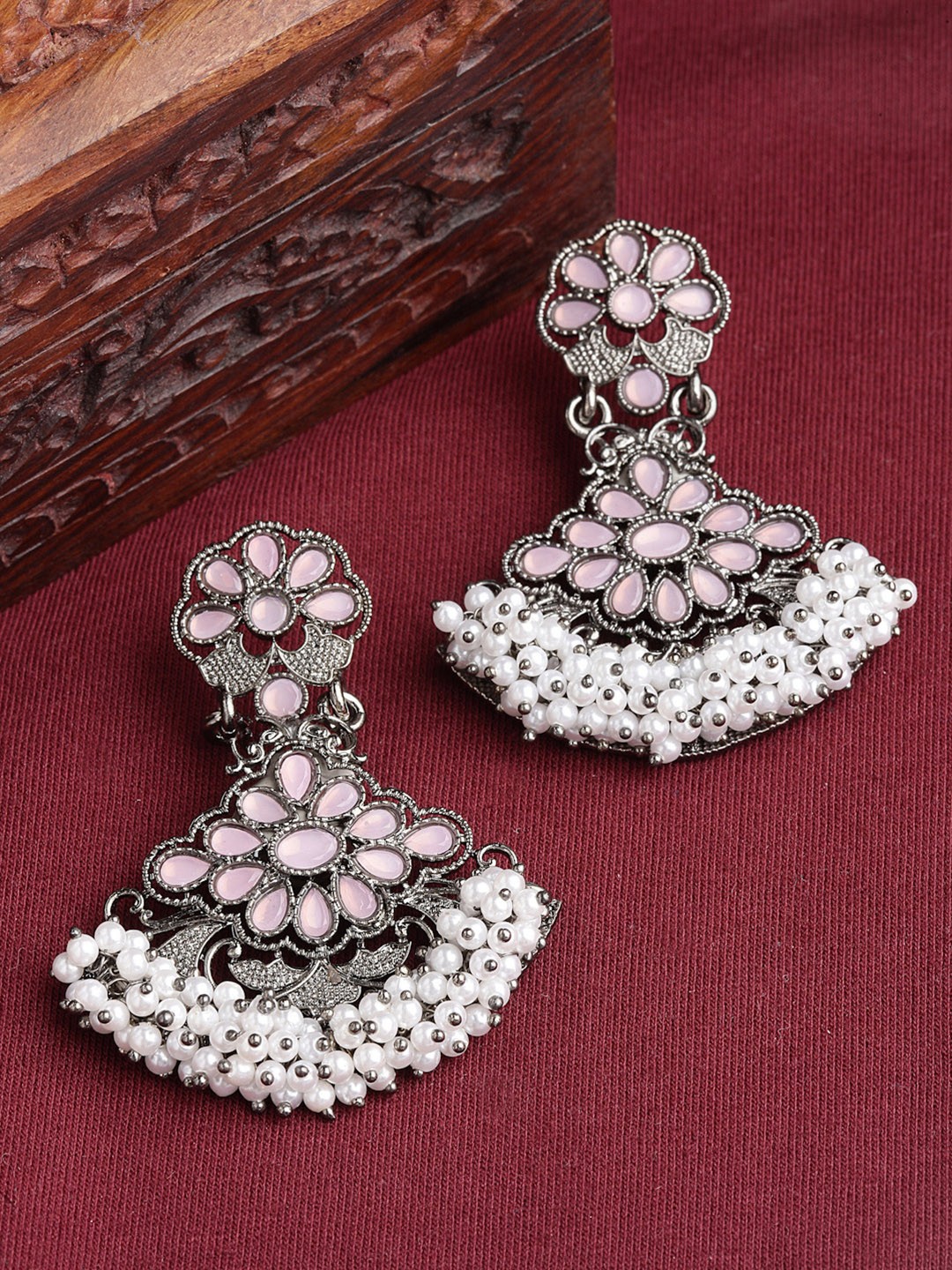

PANASH Silver-Toned & White Floral Drop Earrings