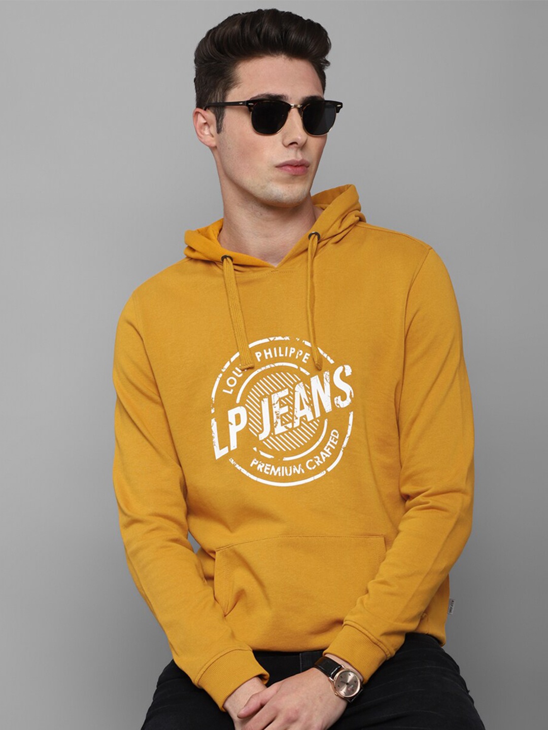 

Louis Philippe Jeans Men Mustard Printed Hooded Cotton Sweatshirt
