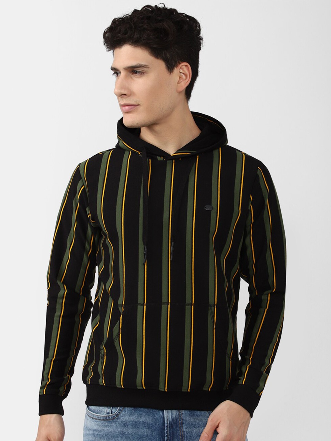 

Peter England Casuals Men Black Cotton Striped Hooded Sweatshirt