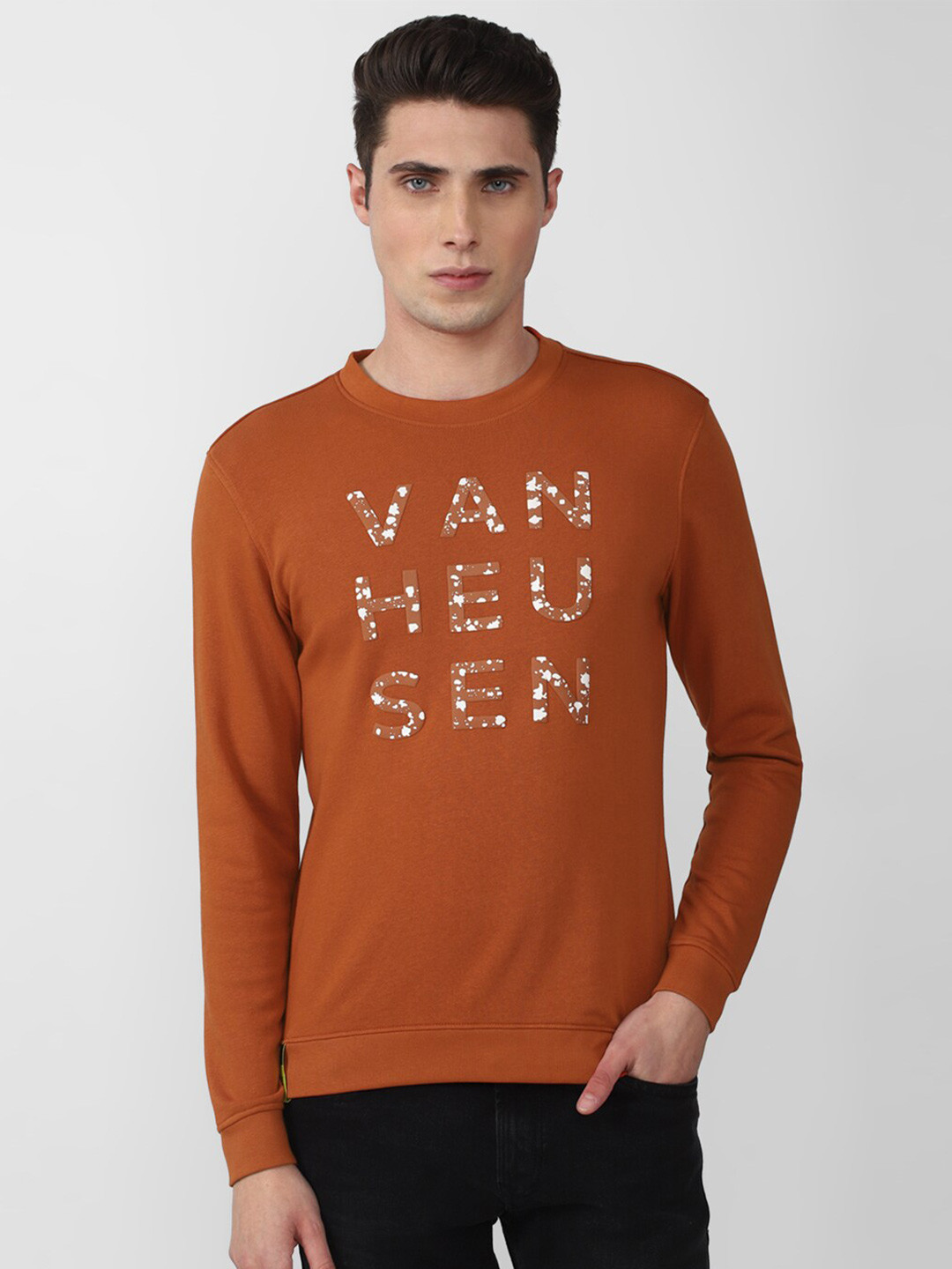 

V Dot Men Rust Printed Cotton Sweatshirt