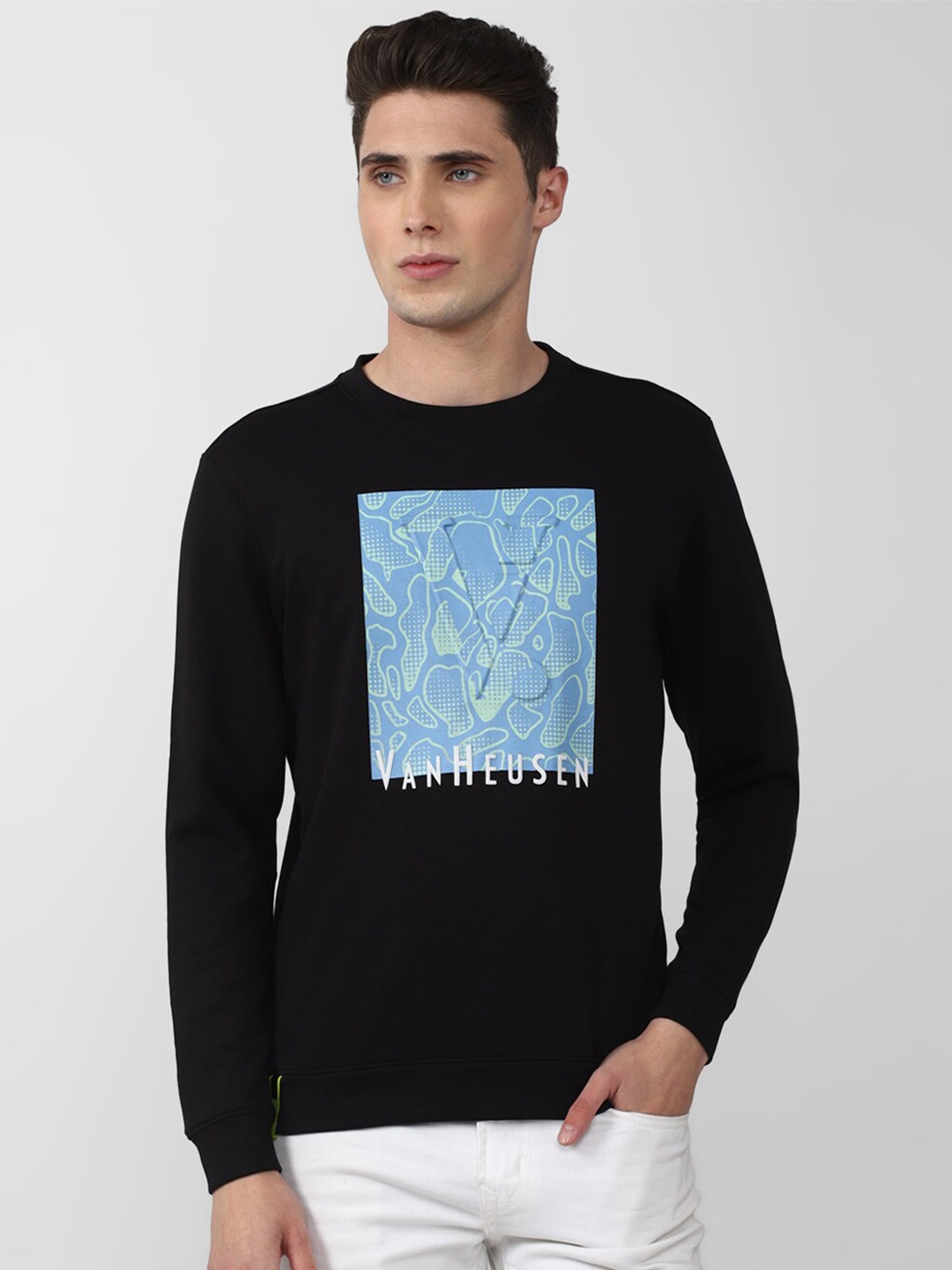 

V Dot Men Black Printed Cotton Sweatshirt