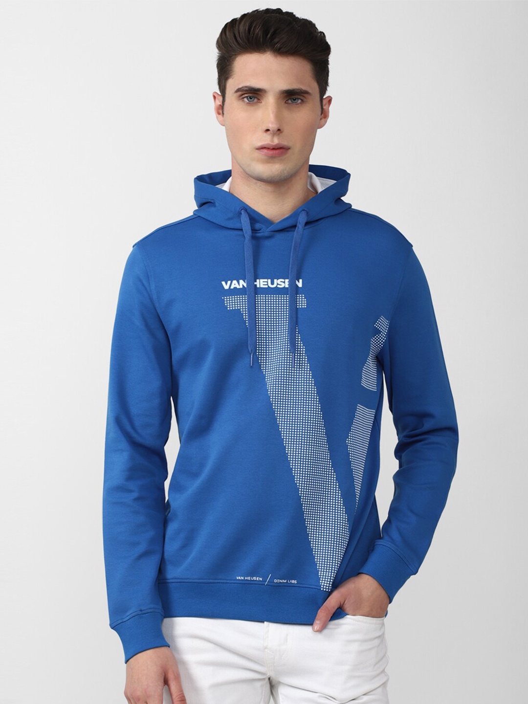 

VAN HEUSEN DENIM LABS Men Blue Printed Hooded Cotton Sweatshirt