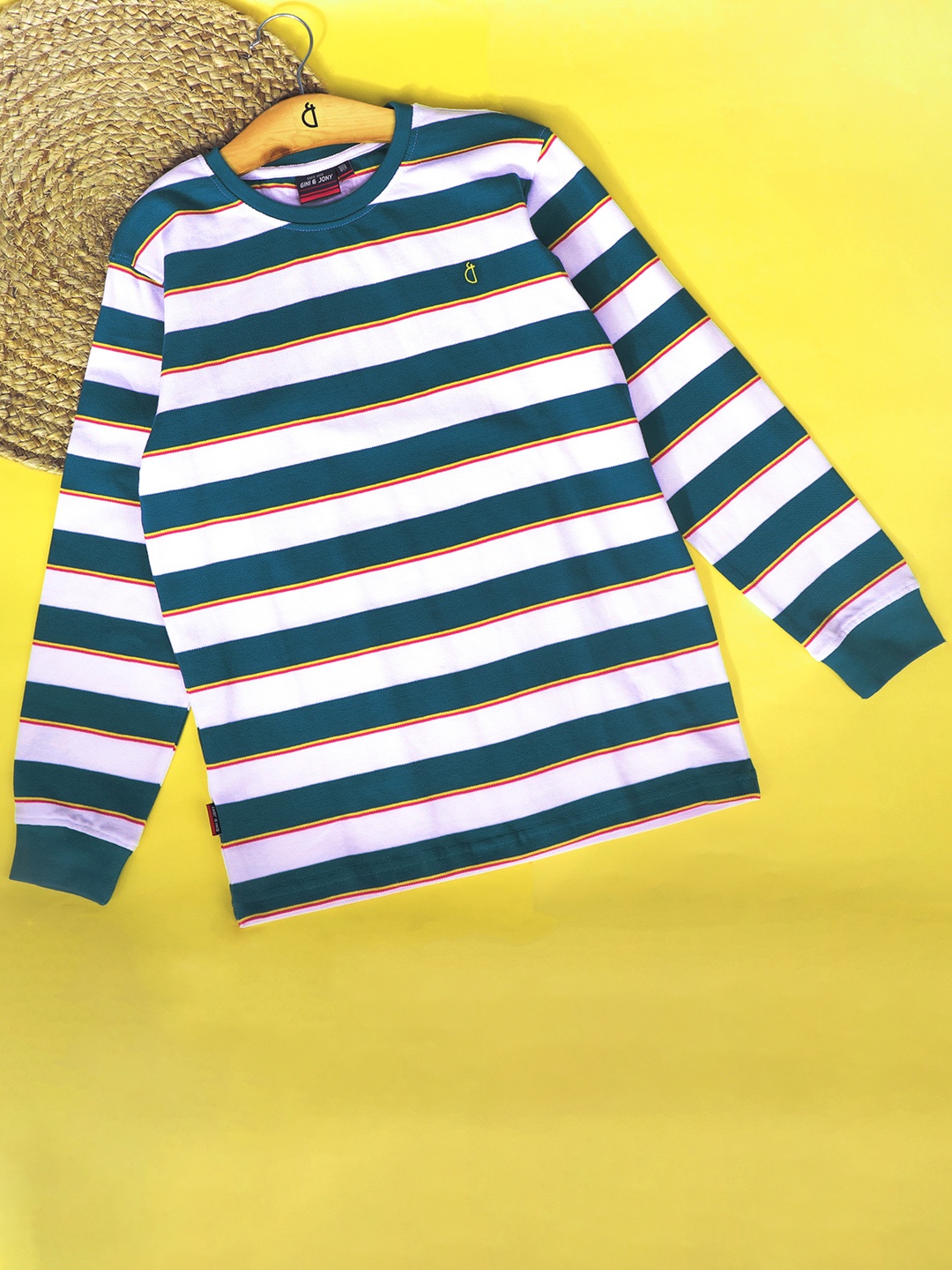 

Gini and Jony Boys White & Green Striped Cotton T-shirt